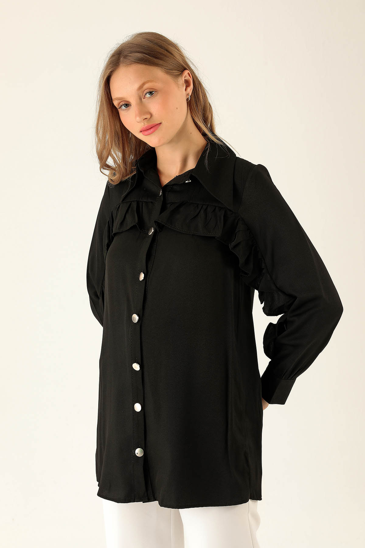 Fırfır Detay Bayan Gömlek - 6731A Siyah 