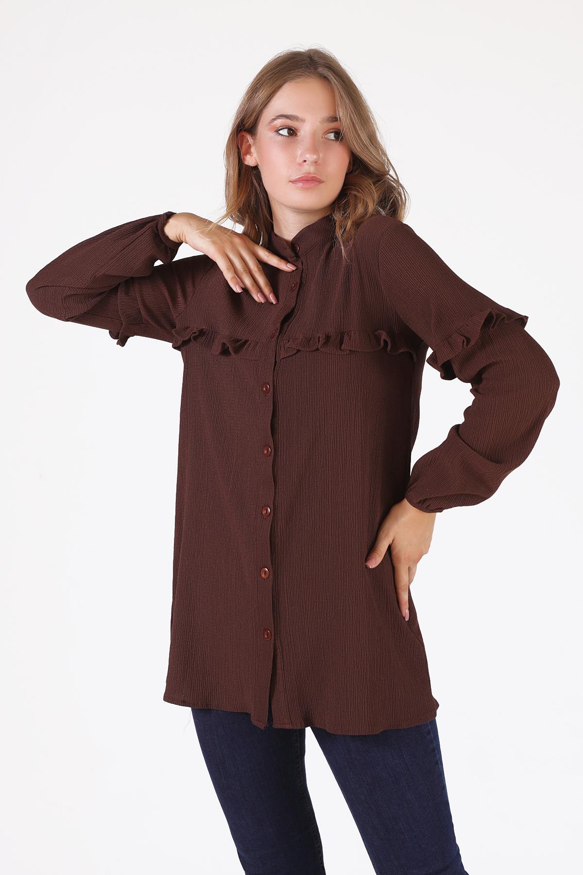 Fırfır Detaylı Tunik - 6432A Kahve 