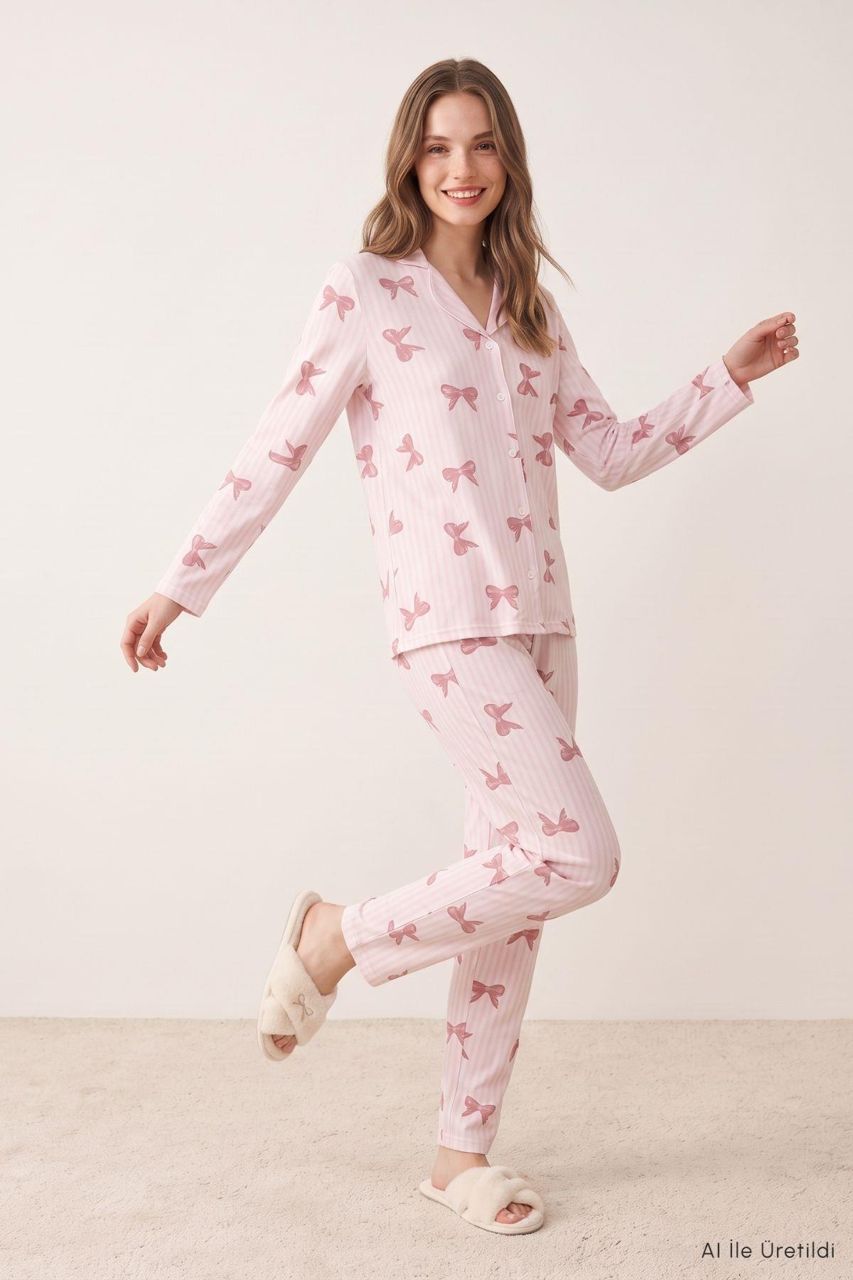 Fiyonk Desen Düğmeli Pijama Takımı 5607 Pembe - Rays