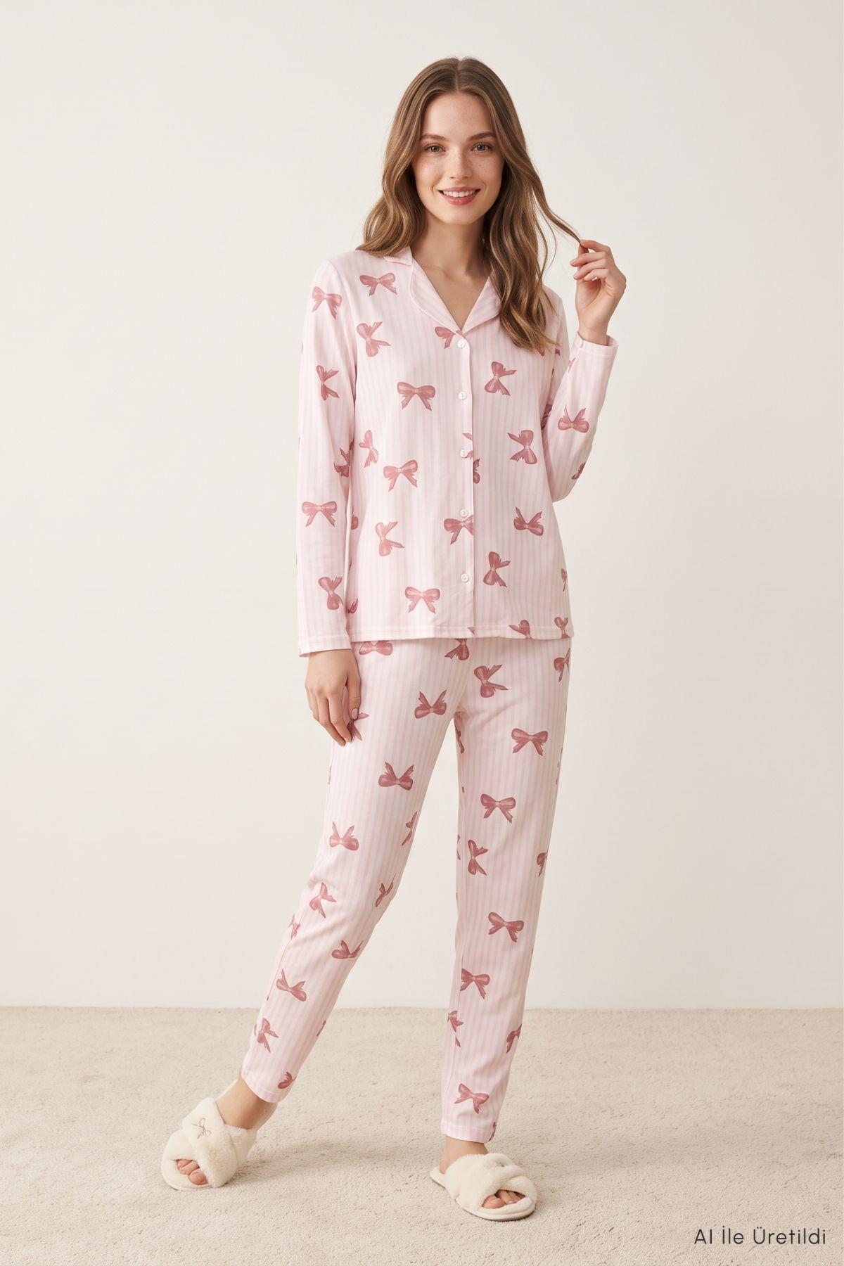 Fiyonk Desen Düğmeli Pijama Takımı 5607 Pembe - Rays