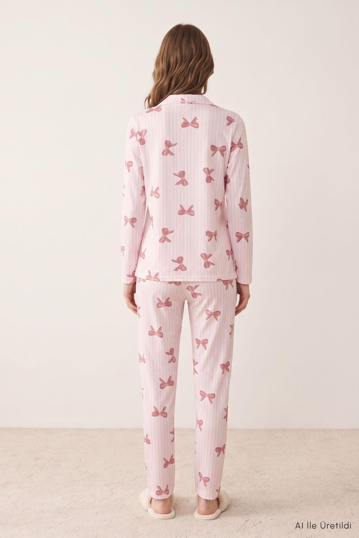 Fiyonk Desen Düğmeli Pijama Takımı 5607 Pembe - 3
