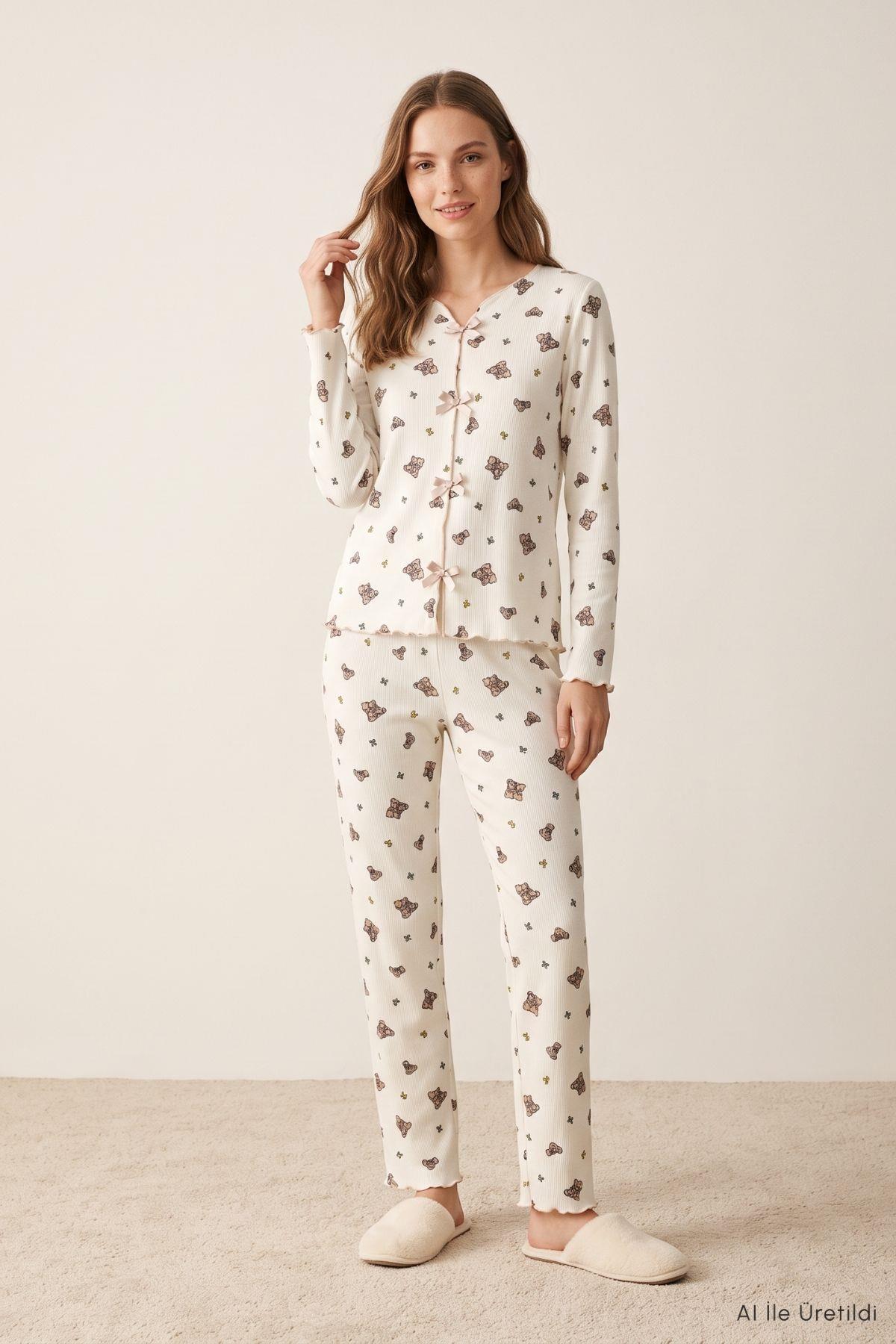 Fiyonklu Ayıcık Desen Pijama Takımı 0110 Bej - Rays