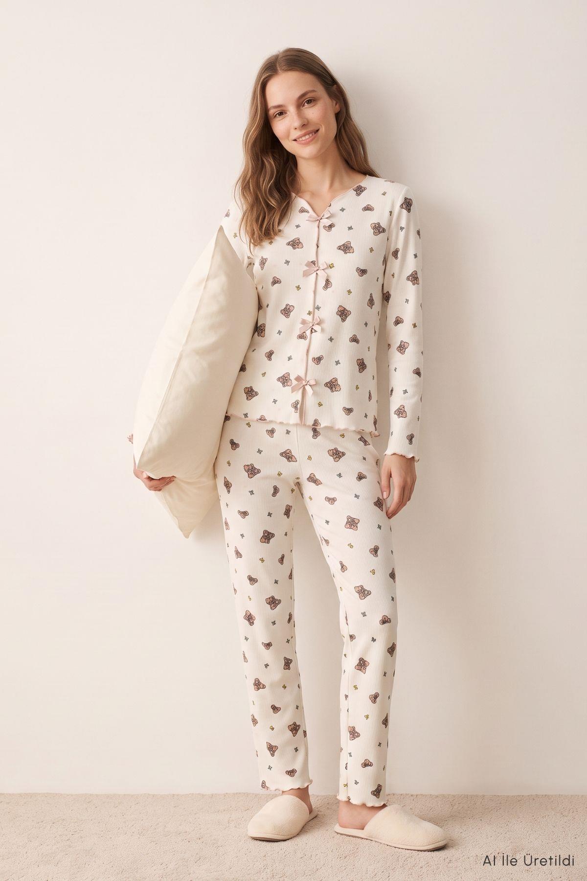 Fiyonklu Ayıcık Desen Pijama Takımı 0110 Bej - Rays