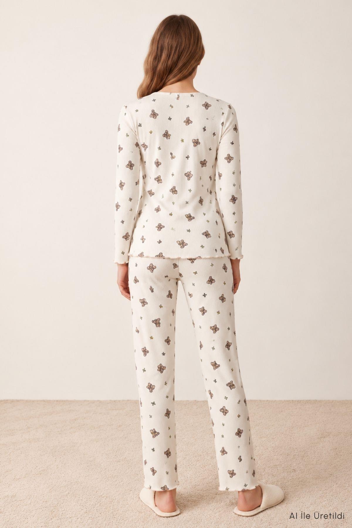 Fiyonklu Ayıcık Desen Pijama Takımı 0110 Bej - 3