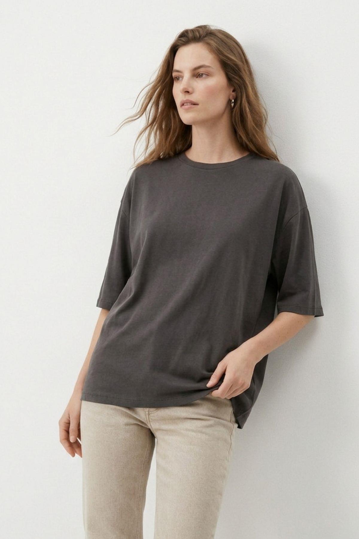 Füme Bisiklet Yaka Oversize Tişört 3659 - 1