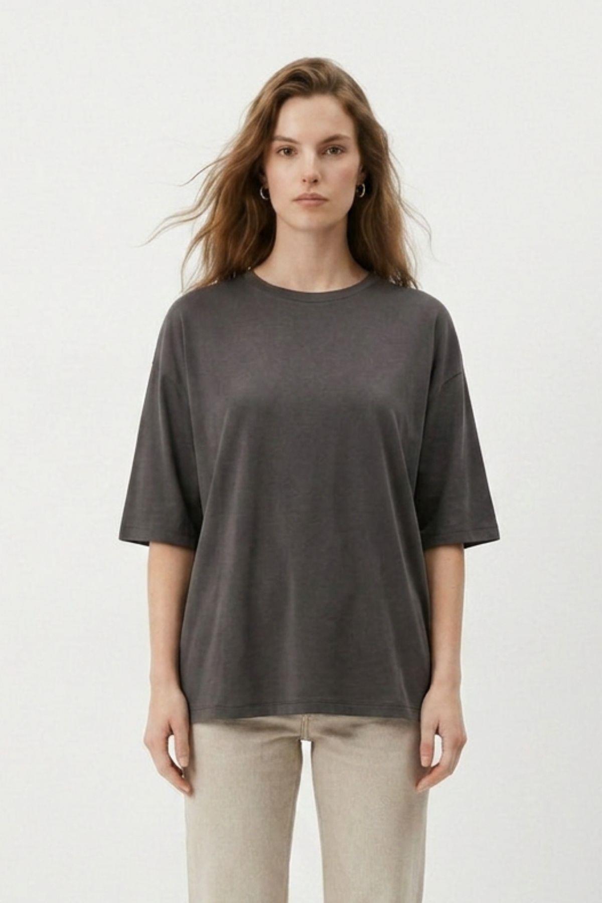 Füme Bisiklet Yaka Oversize Tişört 3659 - 2