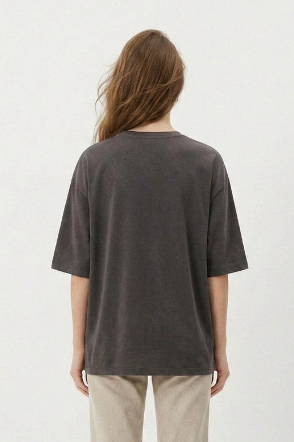 Füme Bisiklet Yaka Oversize Tişört 3659 - 3