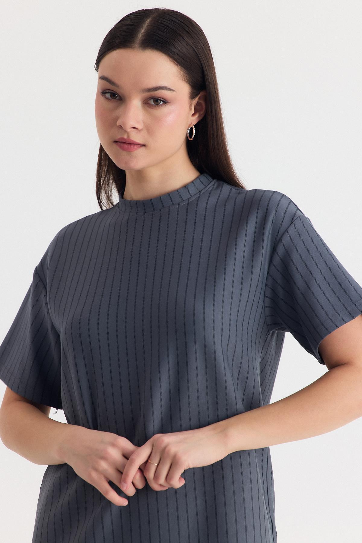 Füme Çizgili Oversize Tişört 4447A - 4