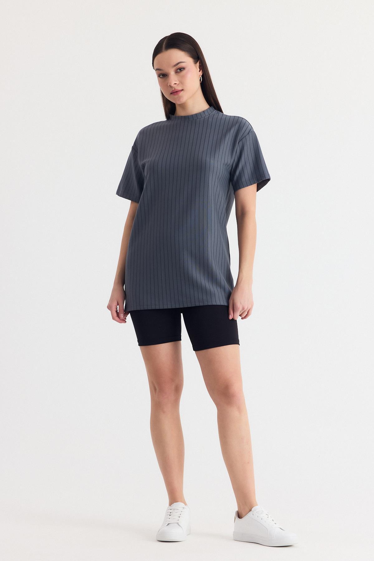 Füme Çizgili Oversize Tişört 4447A - 2