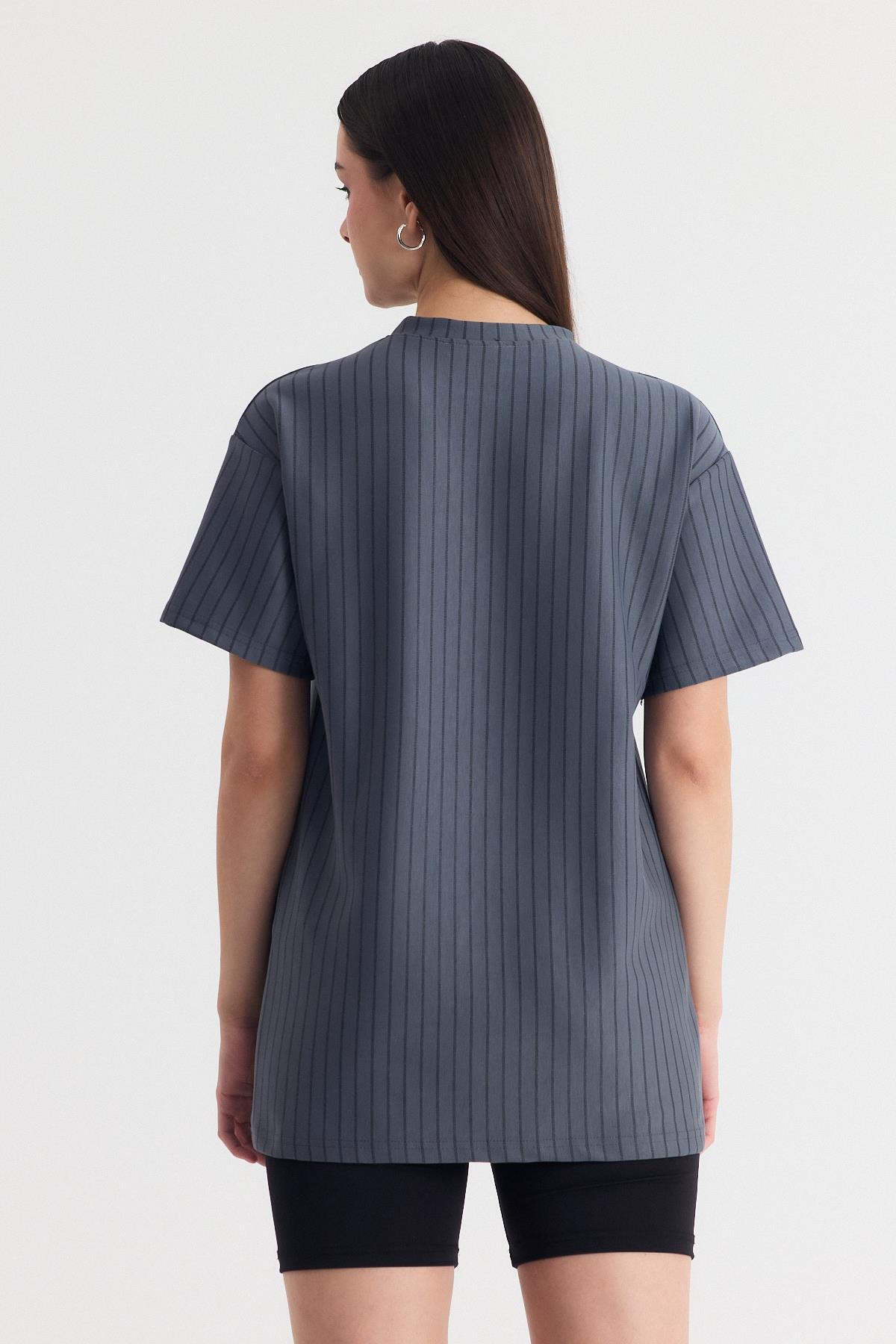 Füme Çizgili Oversize Tişört 4447A - 5