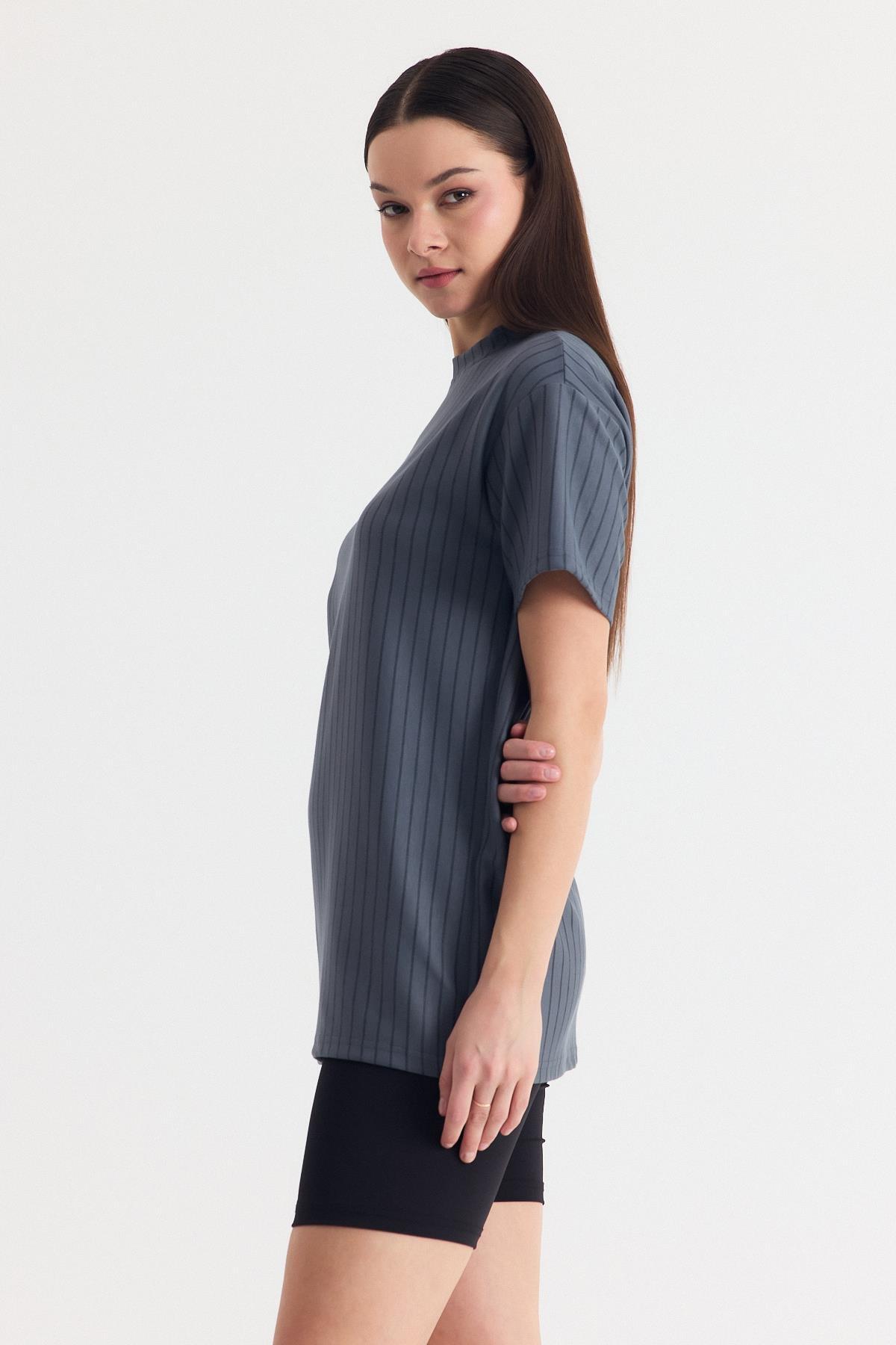 Füme Çizgili Oversize Tişört 4447A - 6