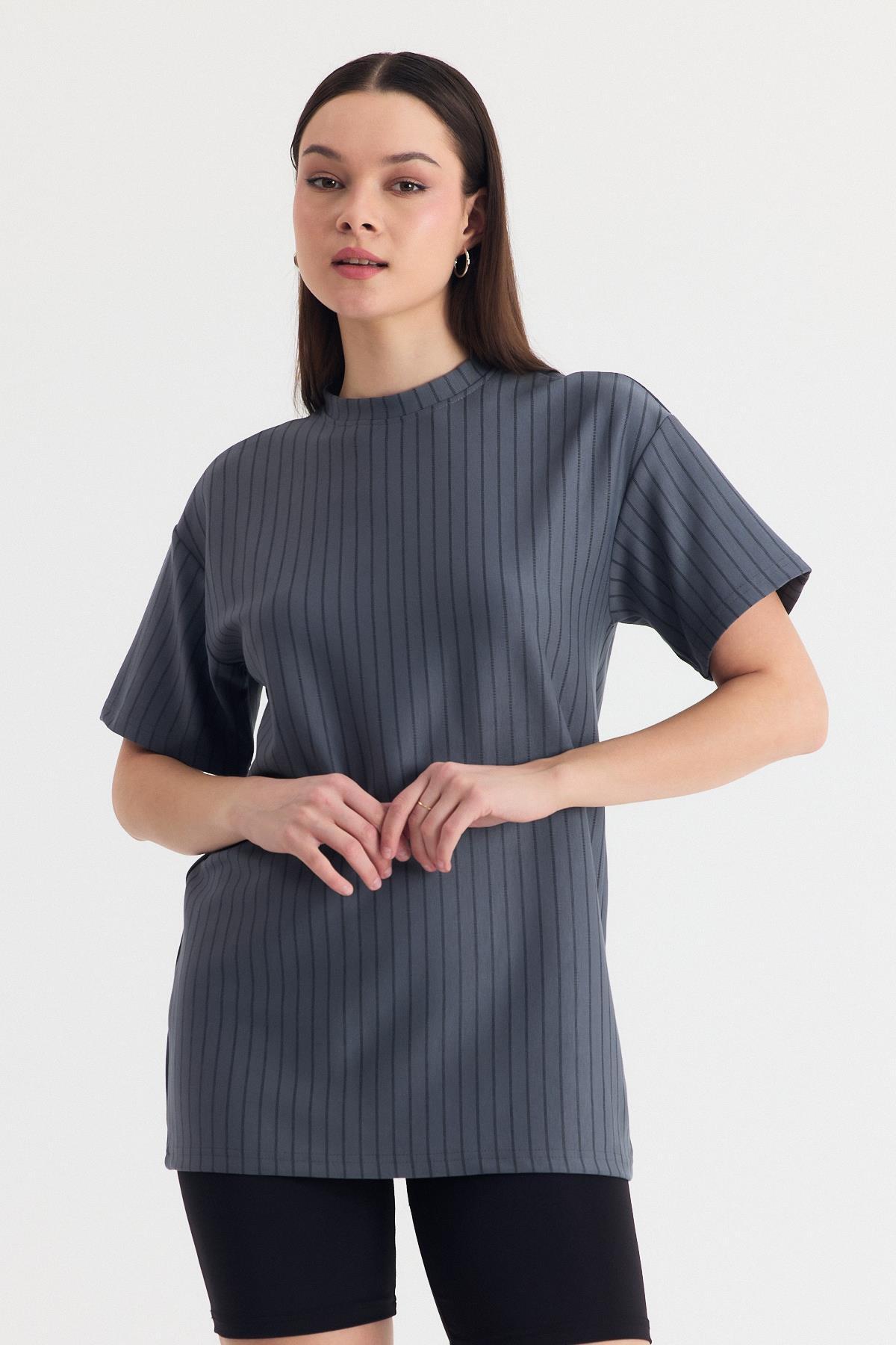 Füme Çizgili Oversize Tişört 4447A - 7