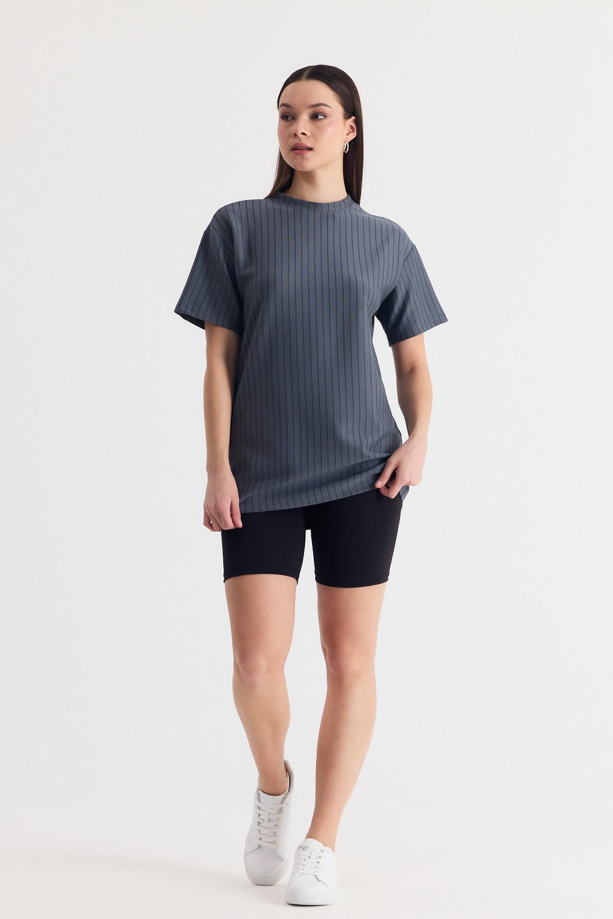 Füme Çizgili Oversize Tişört 4447A - 8