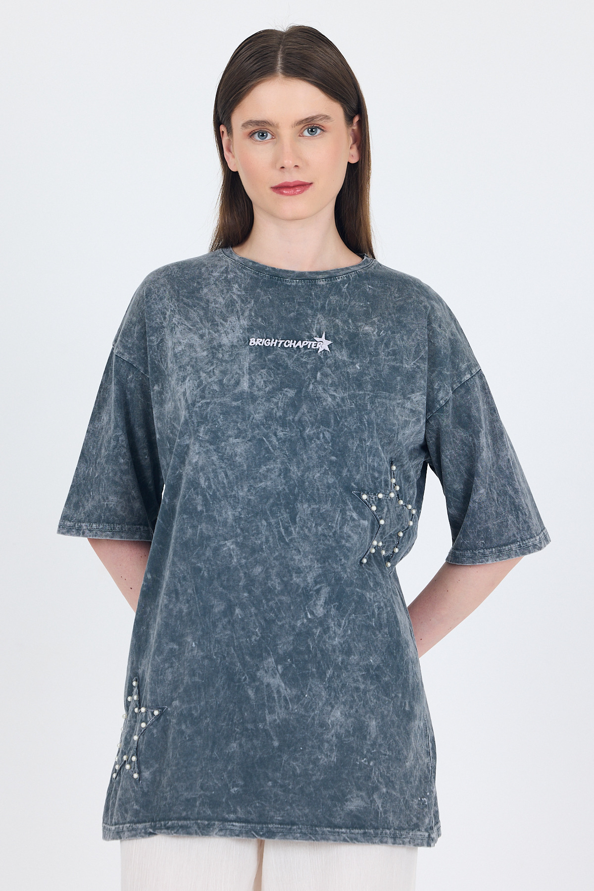 Füme İnci Yıldız Nakışlı Oversize Tişört 253018 - 1