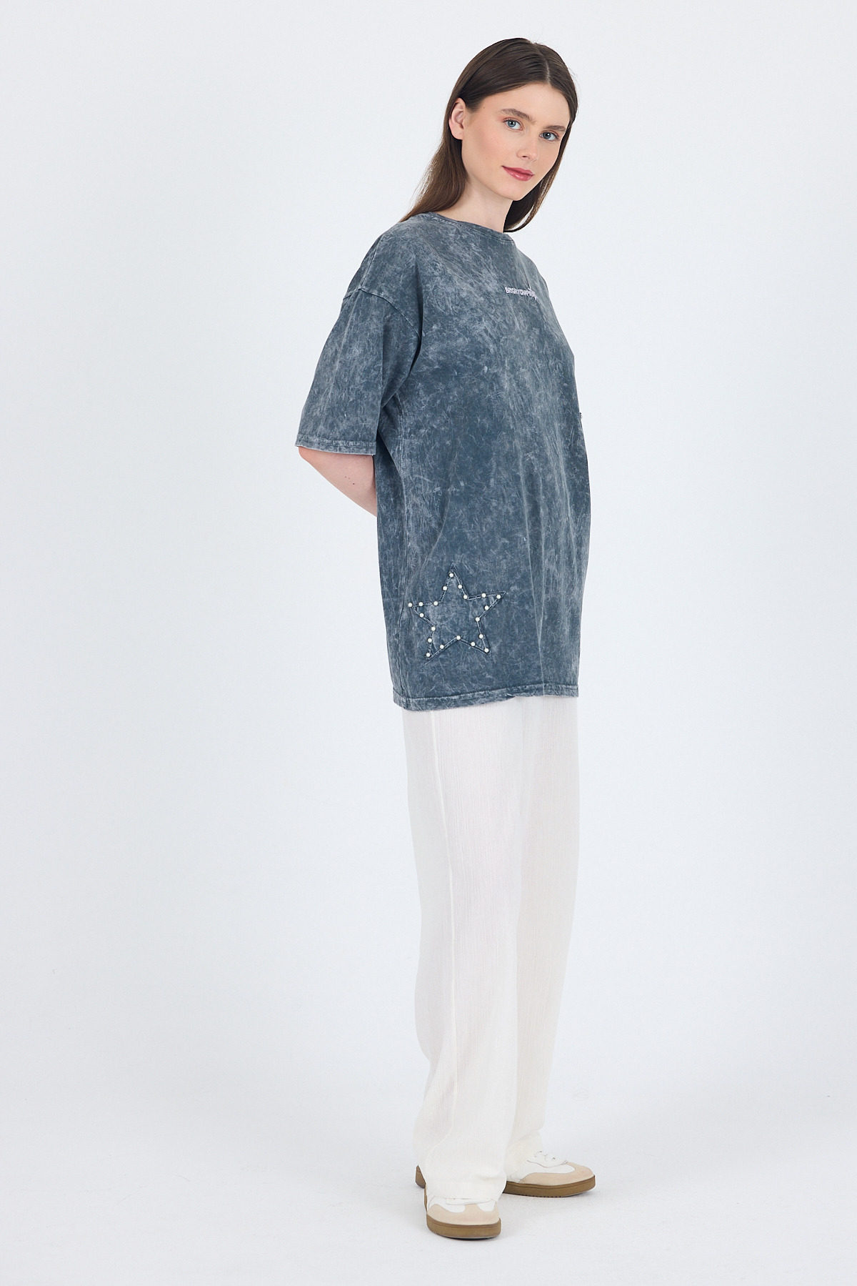 Füme İnci Yıldız Nakışlı Oversize Tişört 253018 - 3