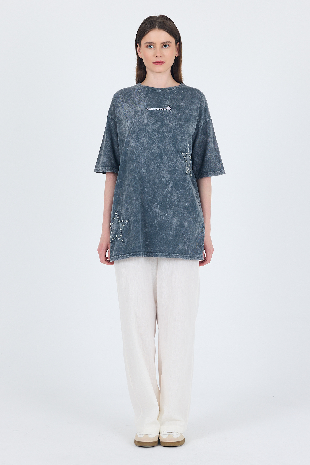 Füme İnci Yıldız Nakışlı Oversize Tişört 253018 - 4