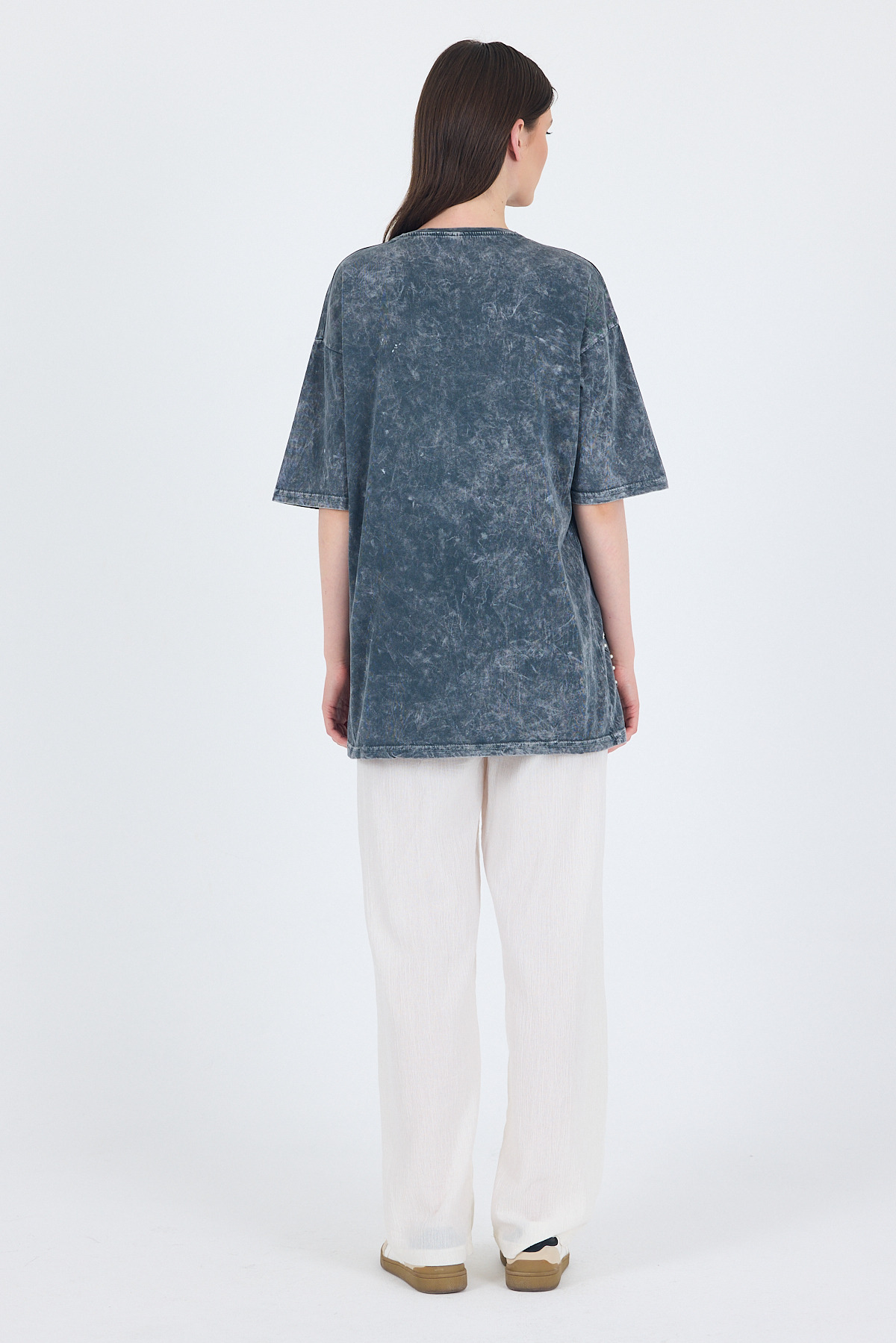 Füme İnci Yıldız Nakışlı Oversize Tişört 253018 - 5