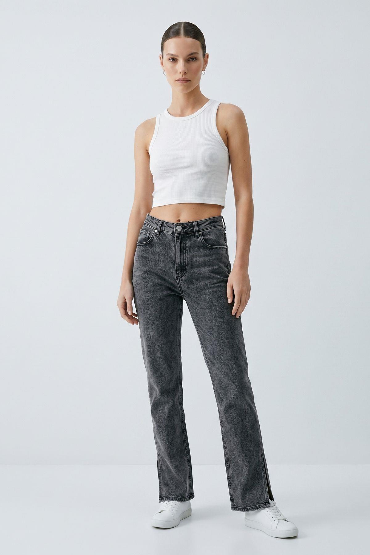 Paça Yırtmaçlı Yüksek Bel Jean 578 Füme - RAYS