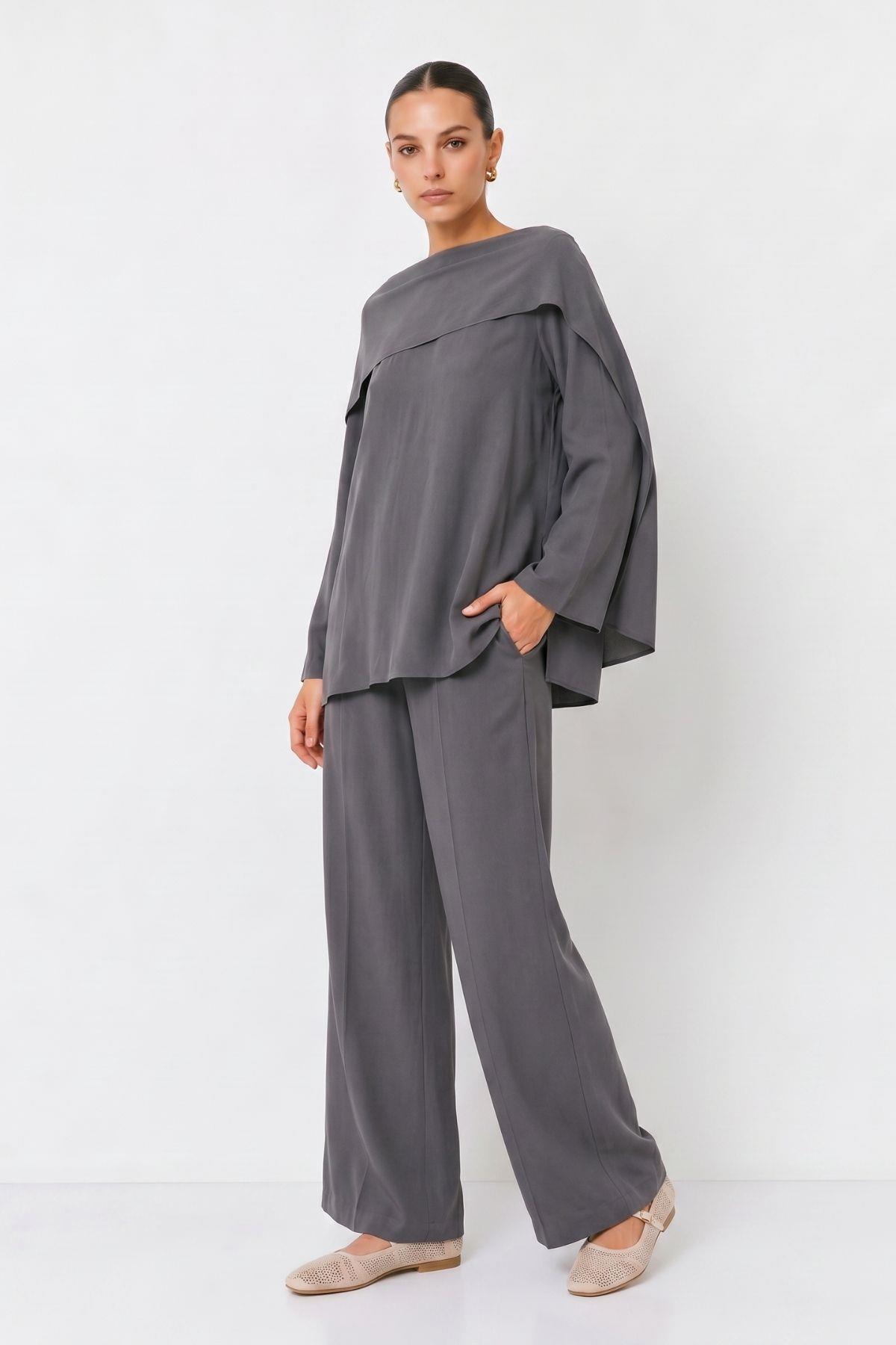 Şal Yaka Tunik Pantolon Takım 6350 Füme - 2