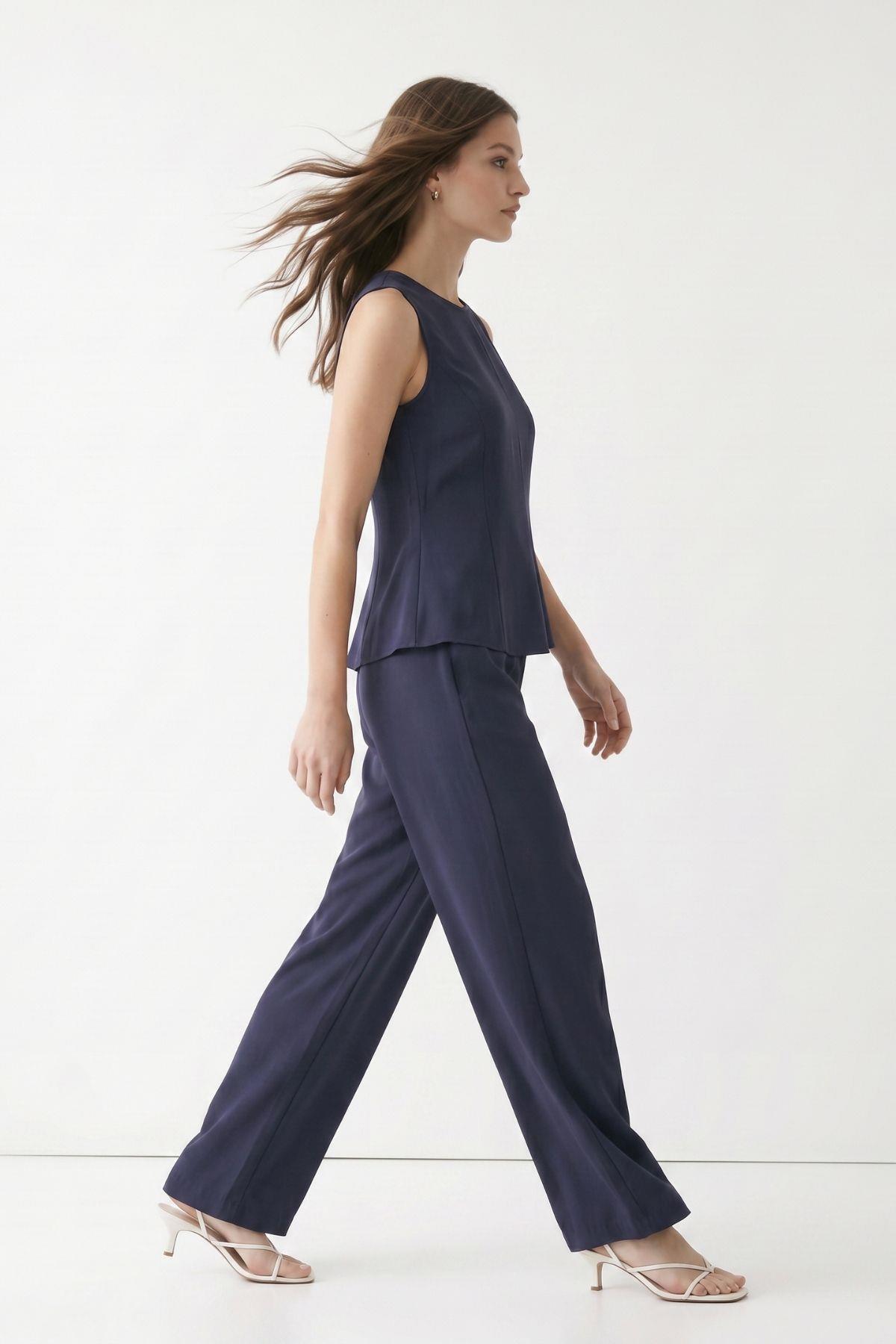 Sıfır Kol Peplum Bluz Bol Paça Pantolon Takım 18007 Füme - RAYS