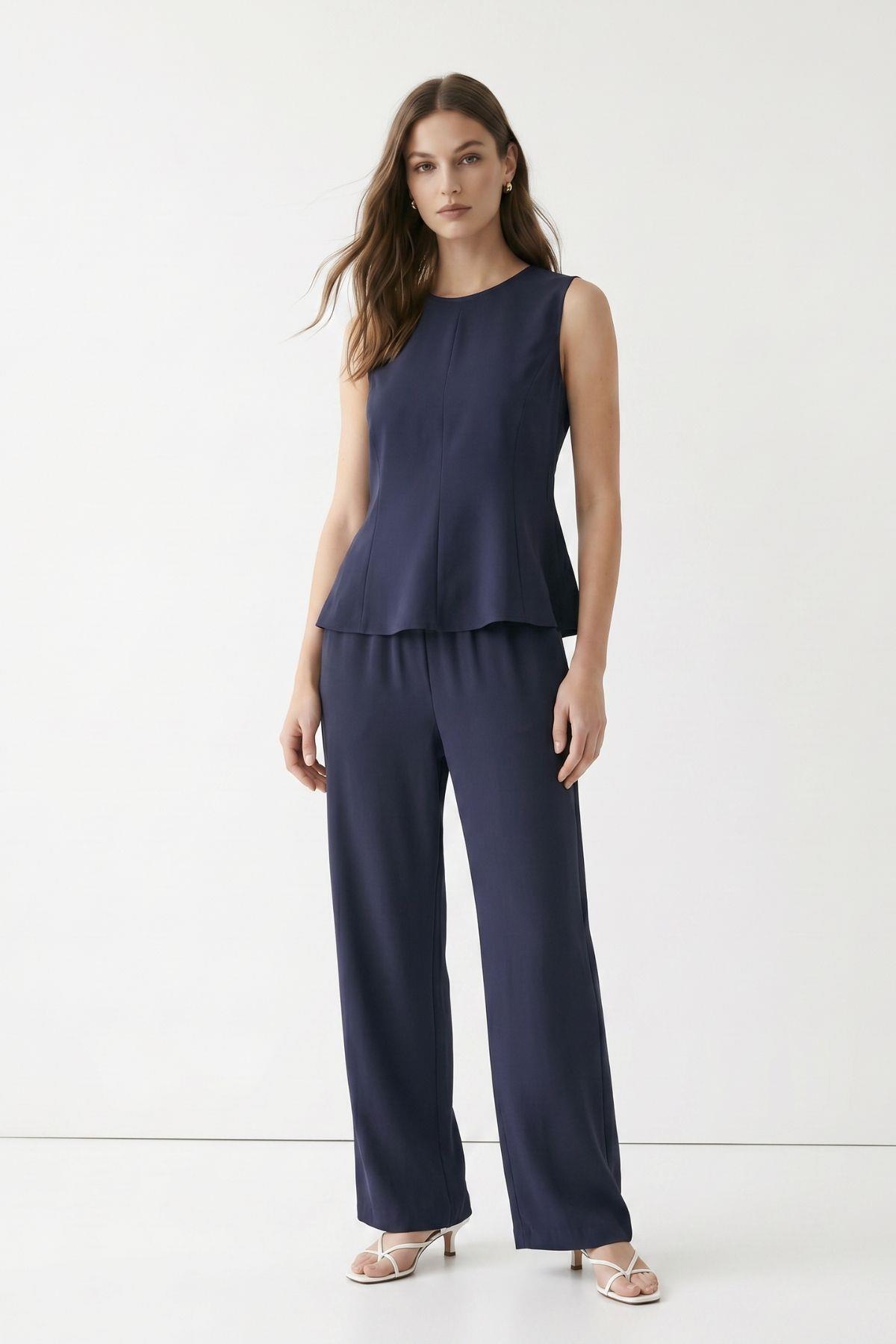 Sıfır Kol Peplum Bluz Bol Paça Pantolon Takım 18007 Füme - 1