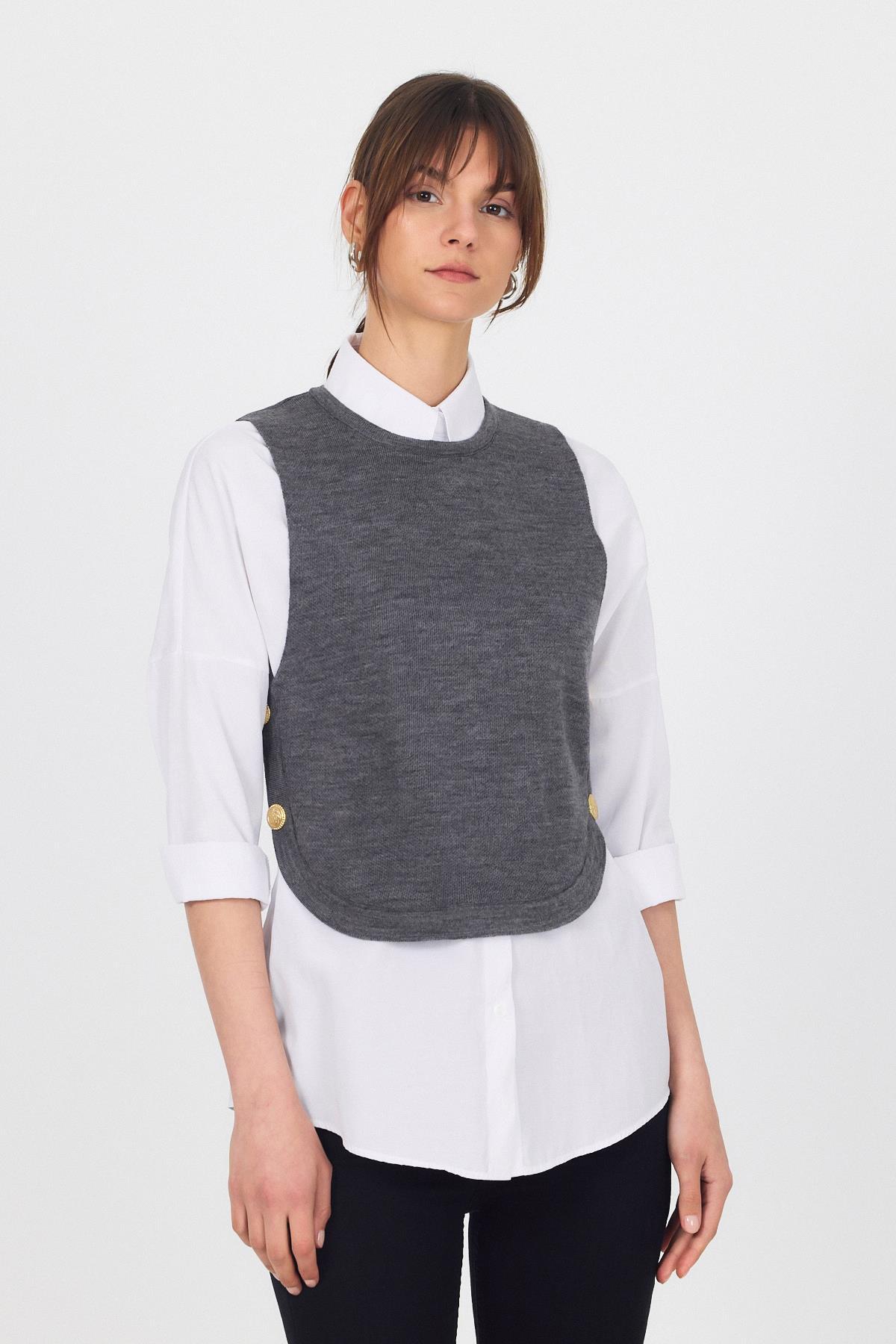 Füme Yan Düğme Detay Sıfır Kol Süveter 2111 - 1