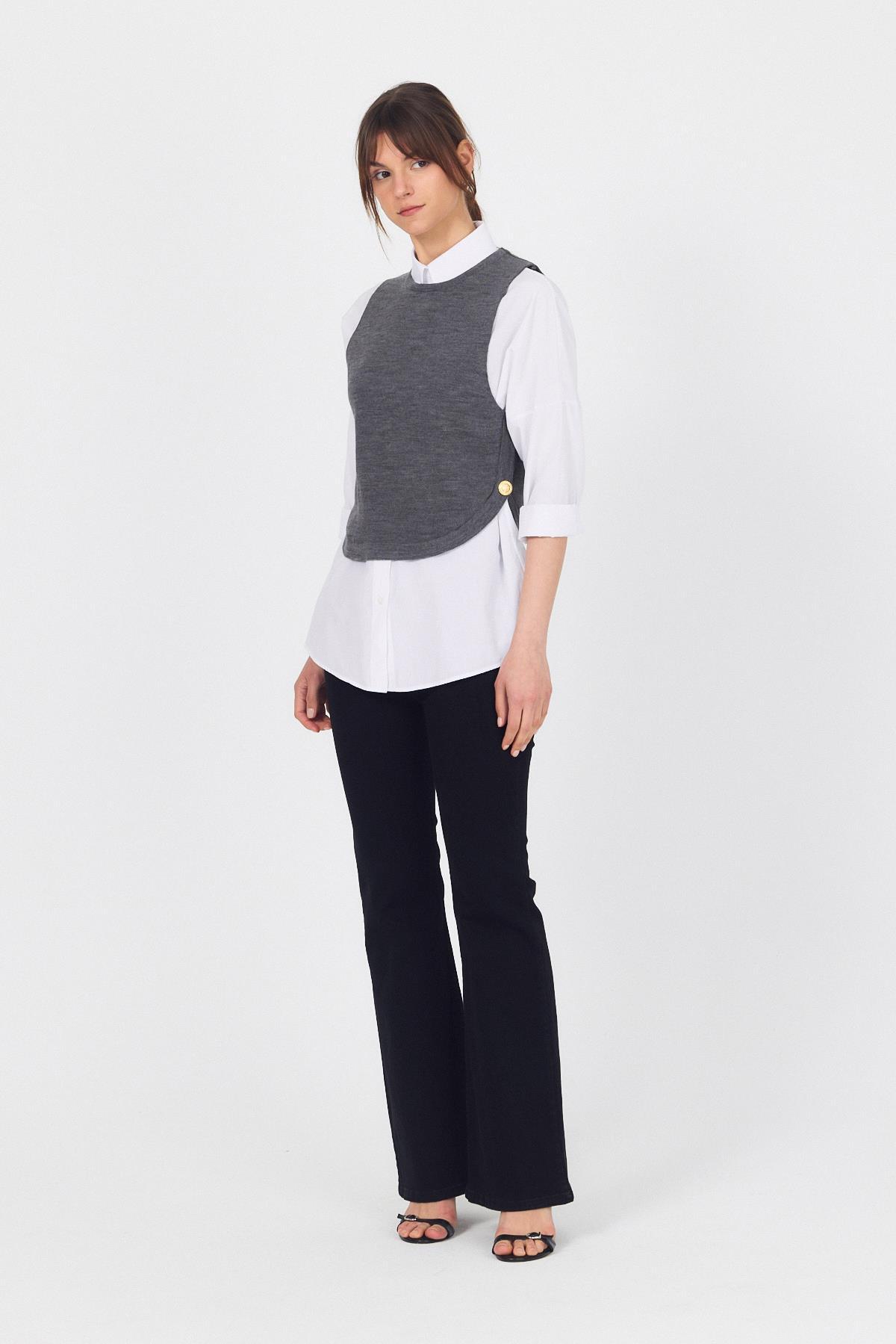 Füme Yan Düğme Detay Sıfır Kol Süveter 2111 - 7