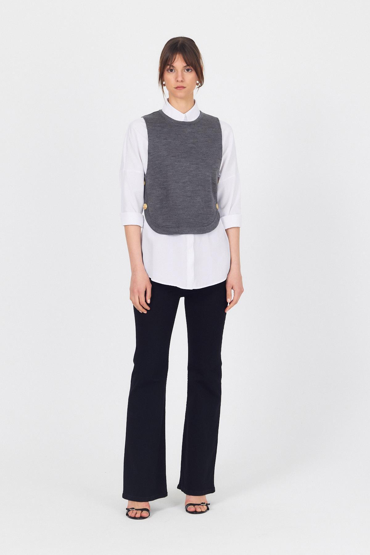 Füme Yan Düğme Detay Sıfır Kol Süveter 2111 - 3