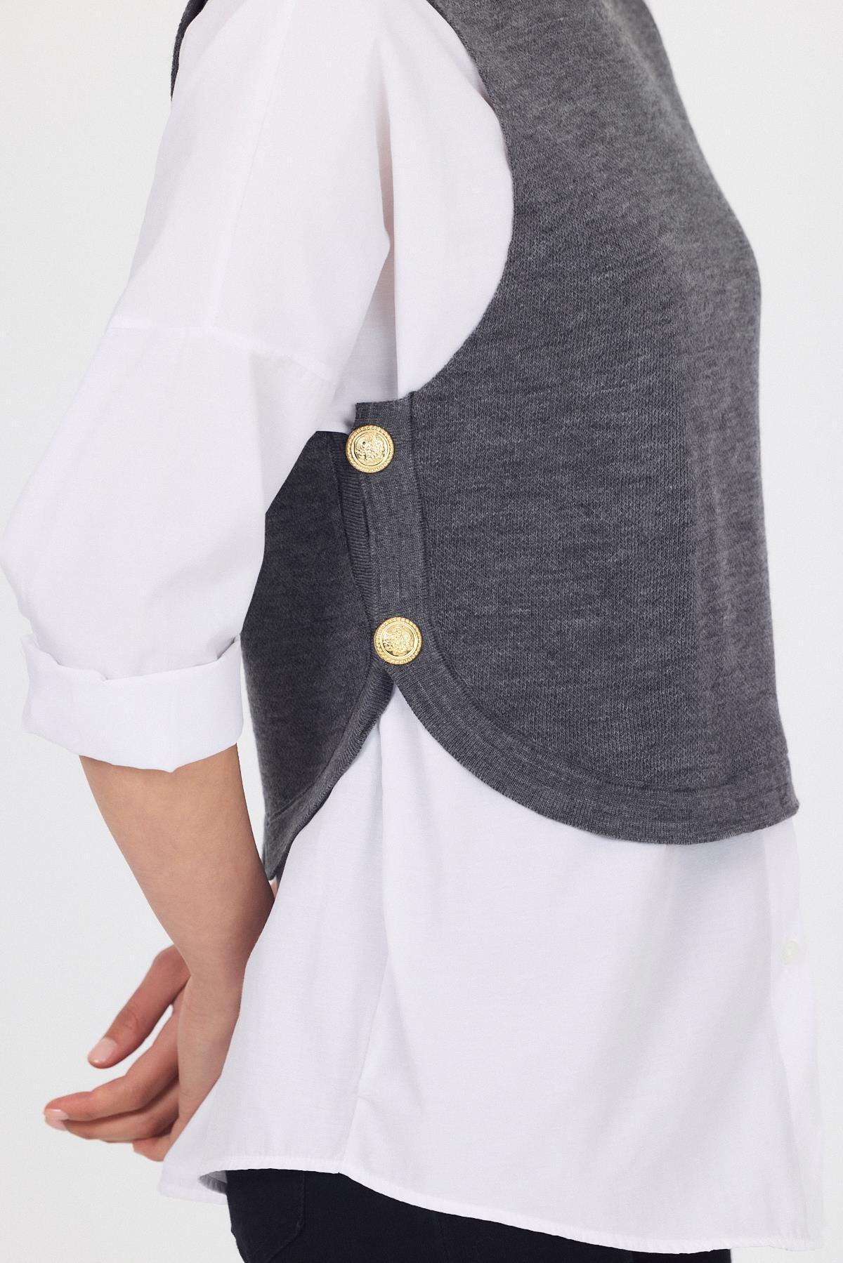 Füme Yan Düğme Detay Sıfır Kol Süveter 2111 - 4