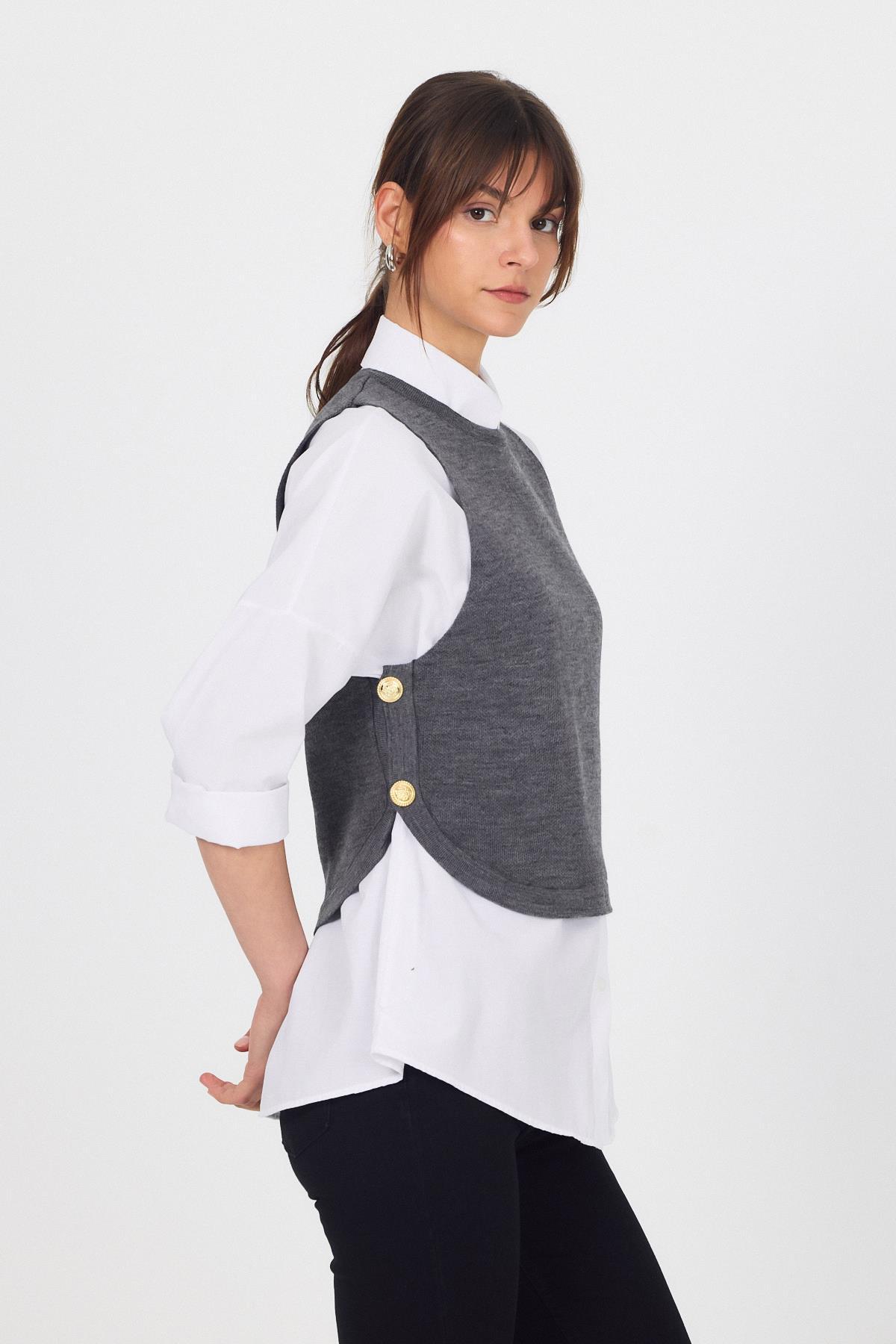 Füme Yan Düğme Detay Sıfır Kol Süveter 2111 - 6