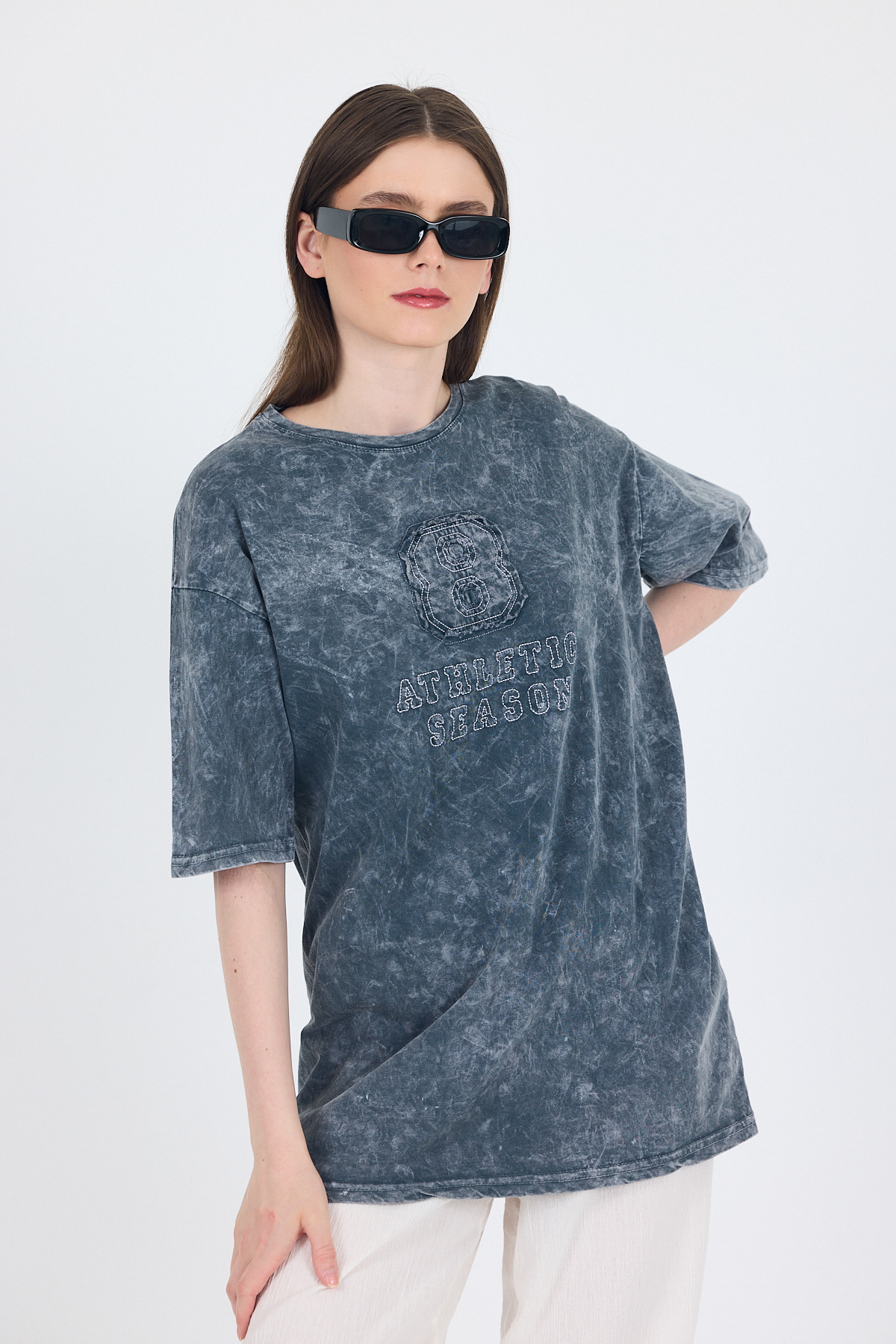 Füme Yazı Nakışlı Oversize Tişört 253017 - RAYS