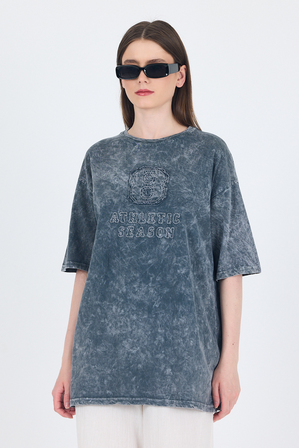 Füme Yazı Nakışlı Oversize Tişört 253017 - RAYS