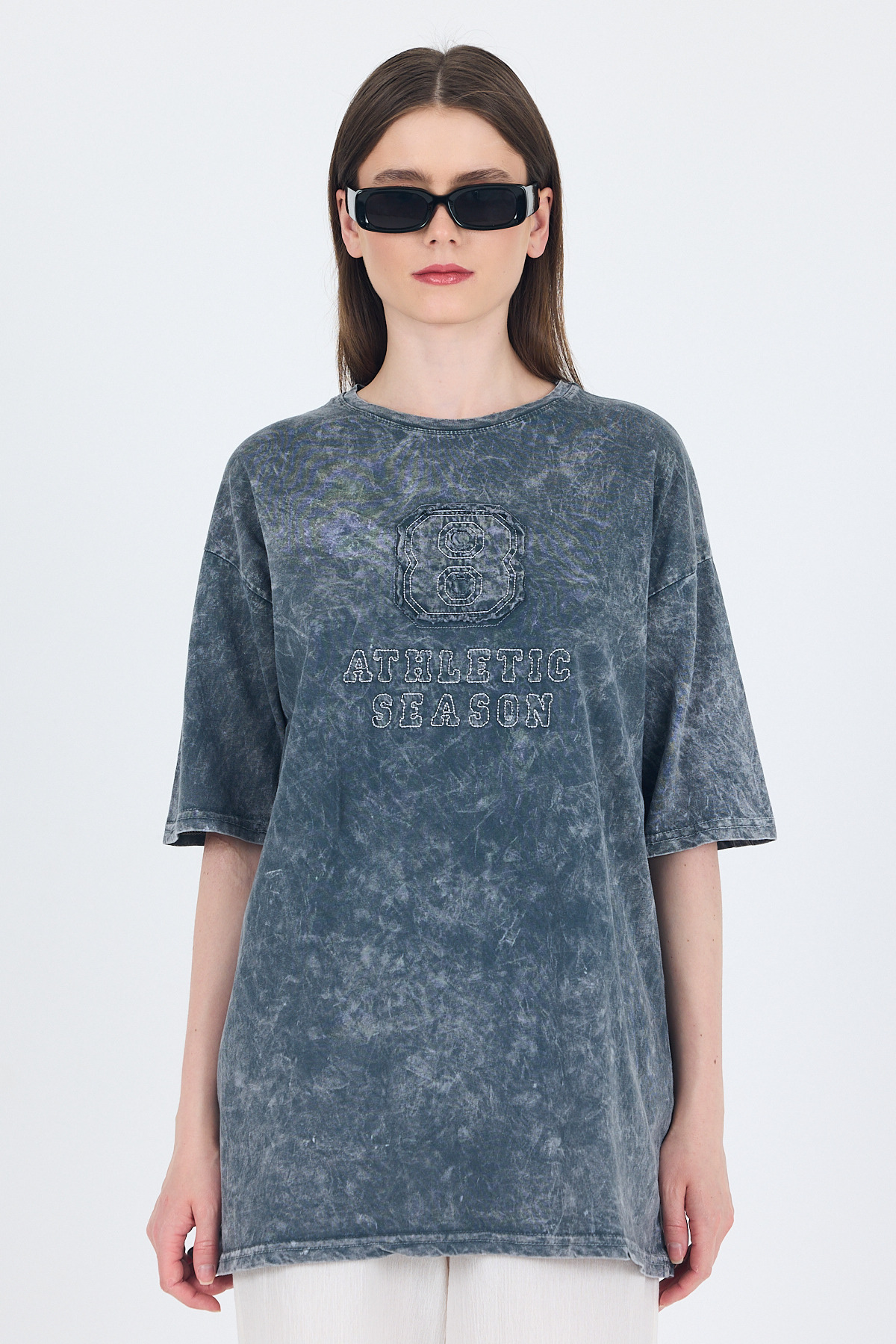 Füme Yazı Nakışlı Oversize Tişört 253017 