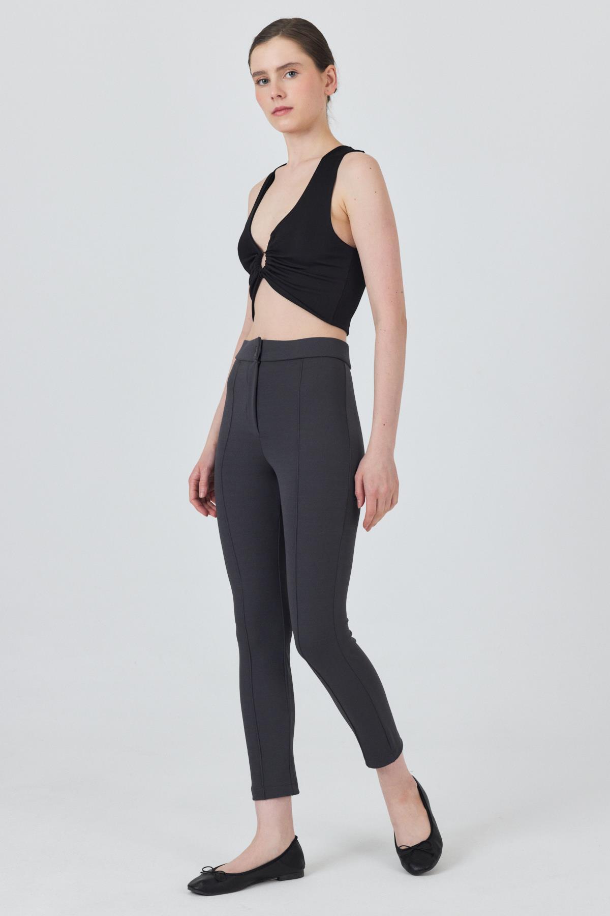 Füme Yüksek Bel Nervür Dikiş Detaylı Tayt Pantolon 6875A - 1