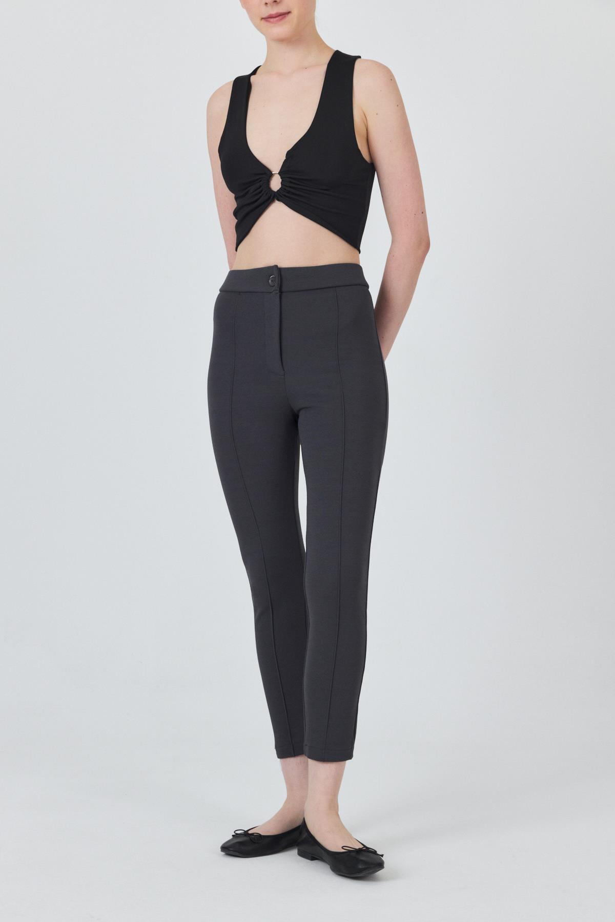 Füme Yüksek Bel Nervür Dikiş Detaylı Tayt Pantolon 6875A - RAYS