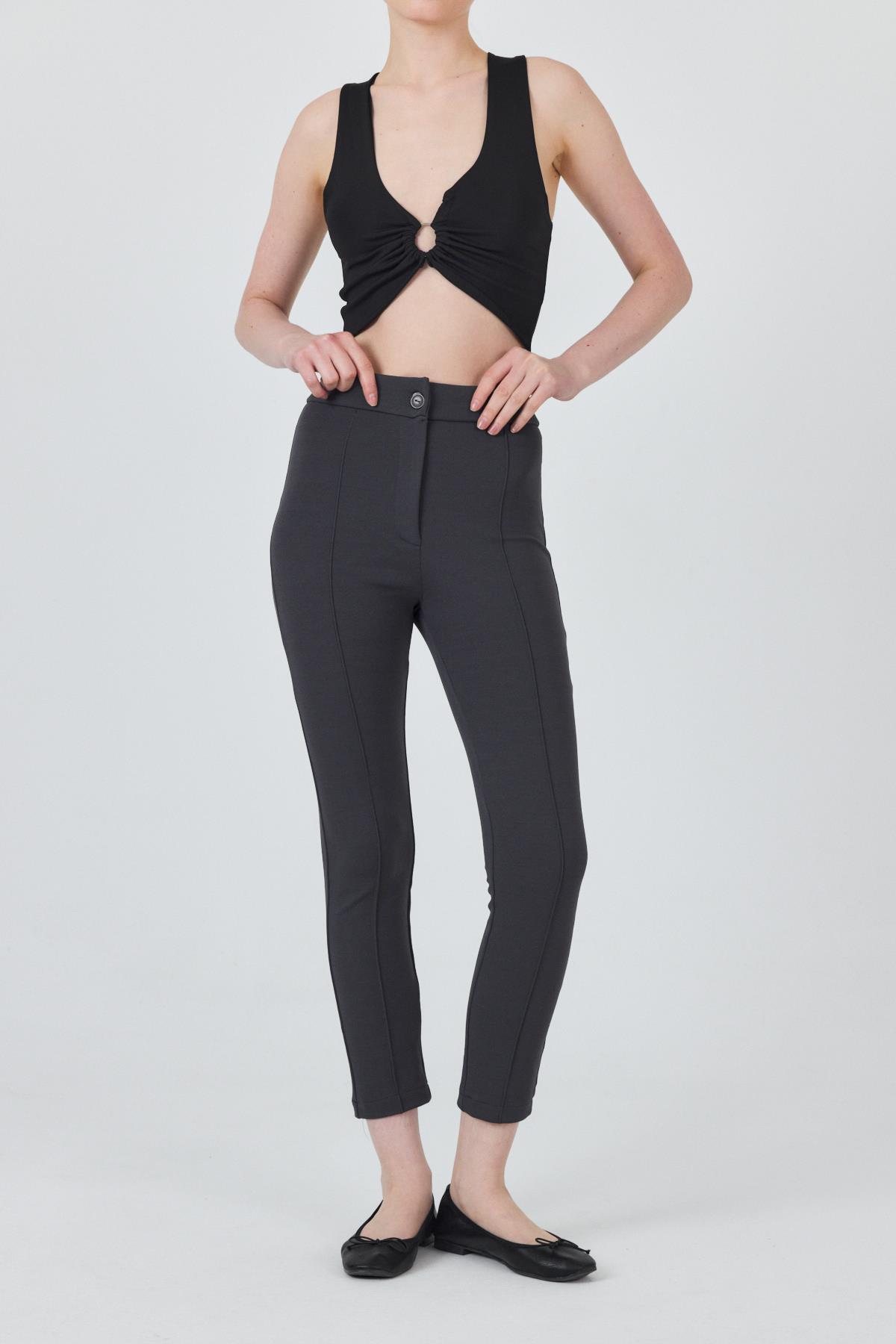 Füme Yüksek Bel Nervür Dikiş Detaylı Tayt Pantolon 6875A - 6