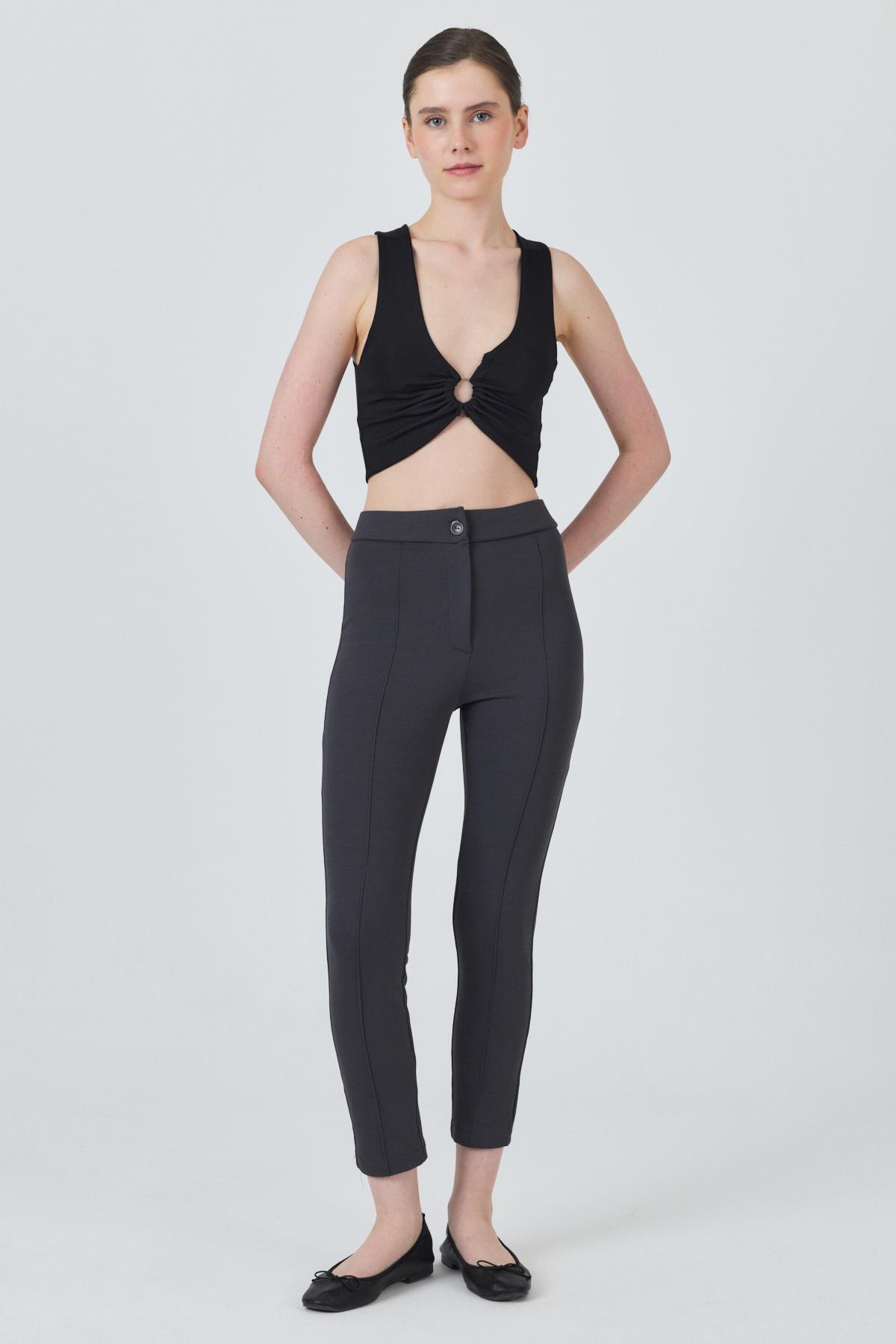 Füme Yüksek Bel Nervür Dikiş Detaylı Tayt Pantolon 6875A - 7