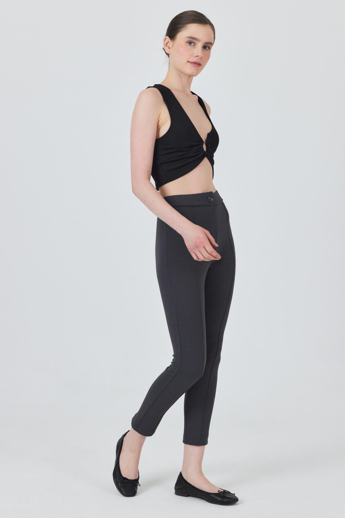 Füme Yüksek Bel Nervür Dikiş Detaylı Tayt Pantolon 6875A - 8