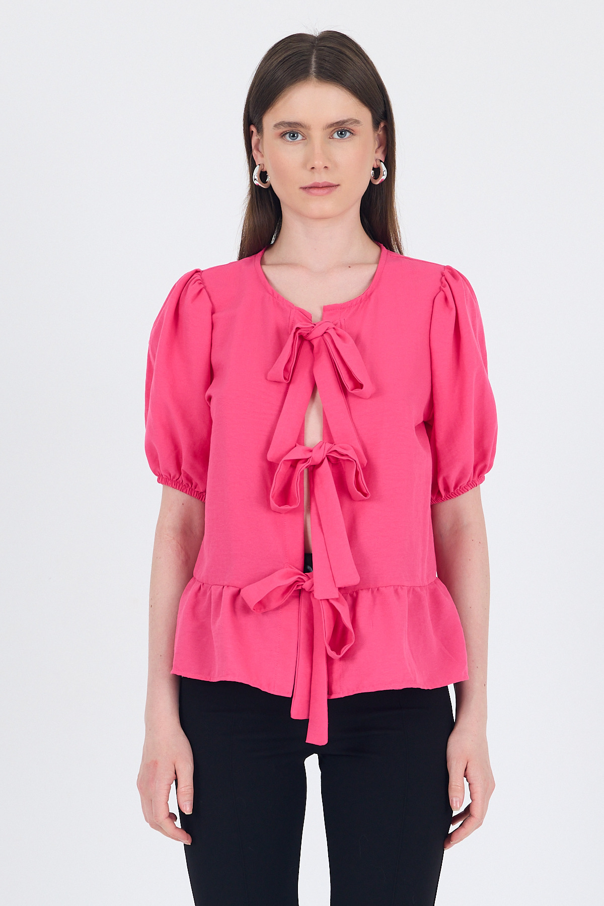Fuşya Bağlama Detaylı Balon Kollu Bluz 4334A - RAYS