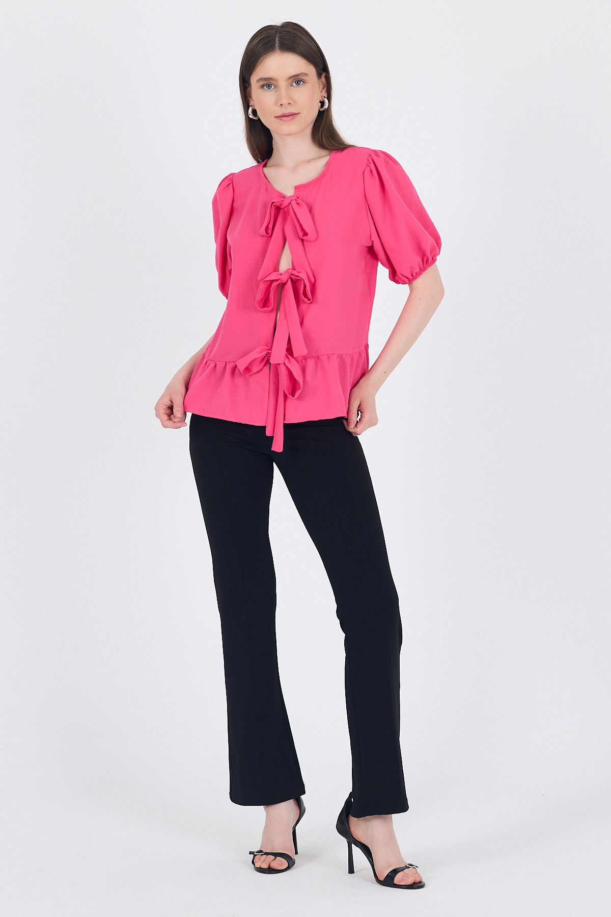 Fuşya Bağlama Detaylı Balon Kollu Bluz 4334A - RAYS