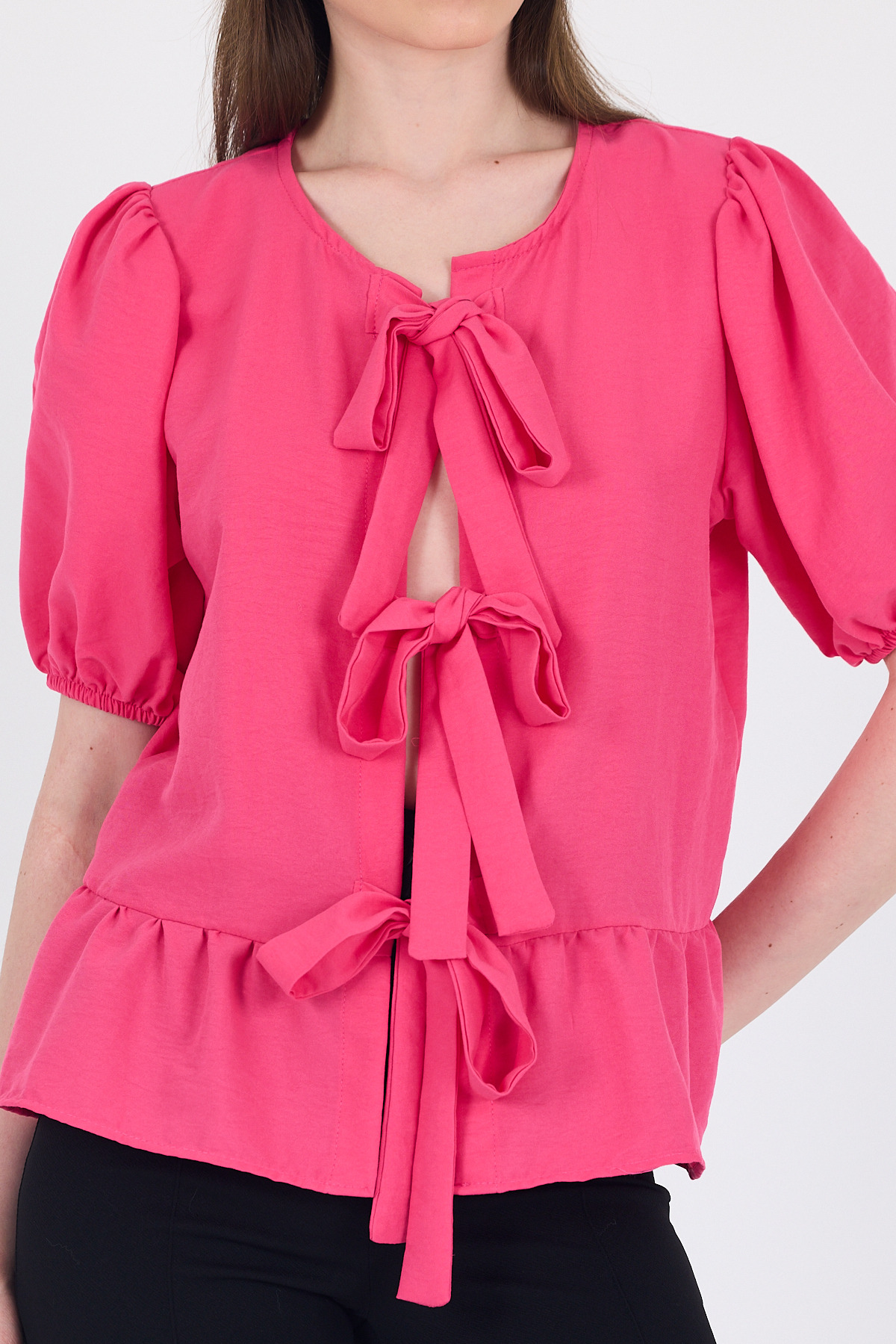 Fuşya Bağlama Detaylı Balon Kollu Bluz 4334A - RAYS