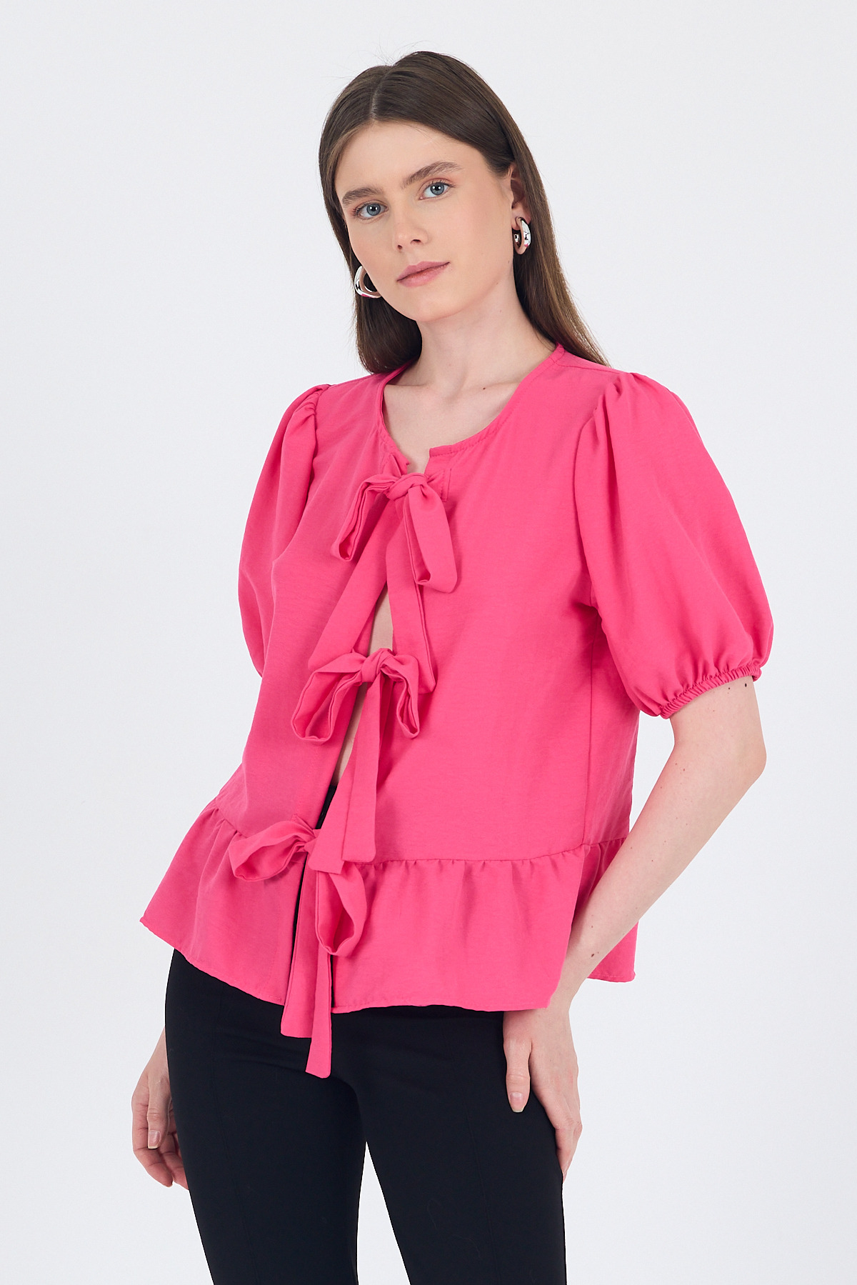 Fuşya Bağlama Detaylı Balon Kollu Bluz 4334A 