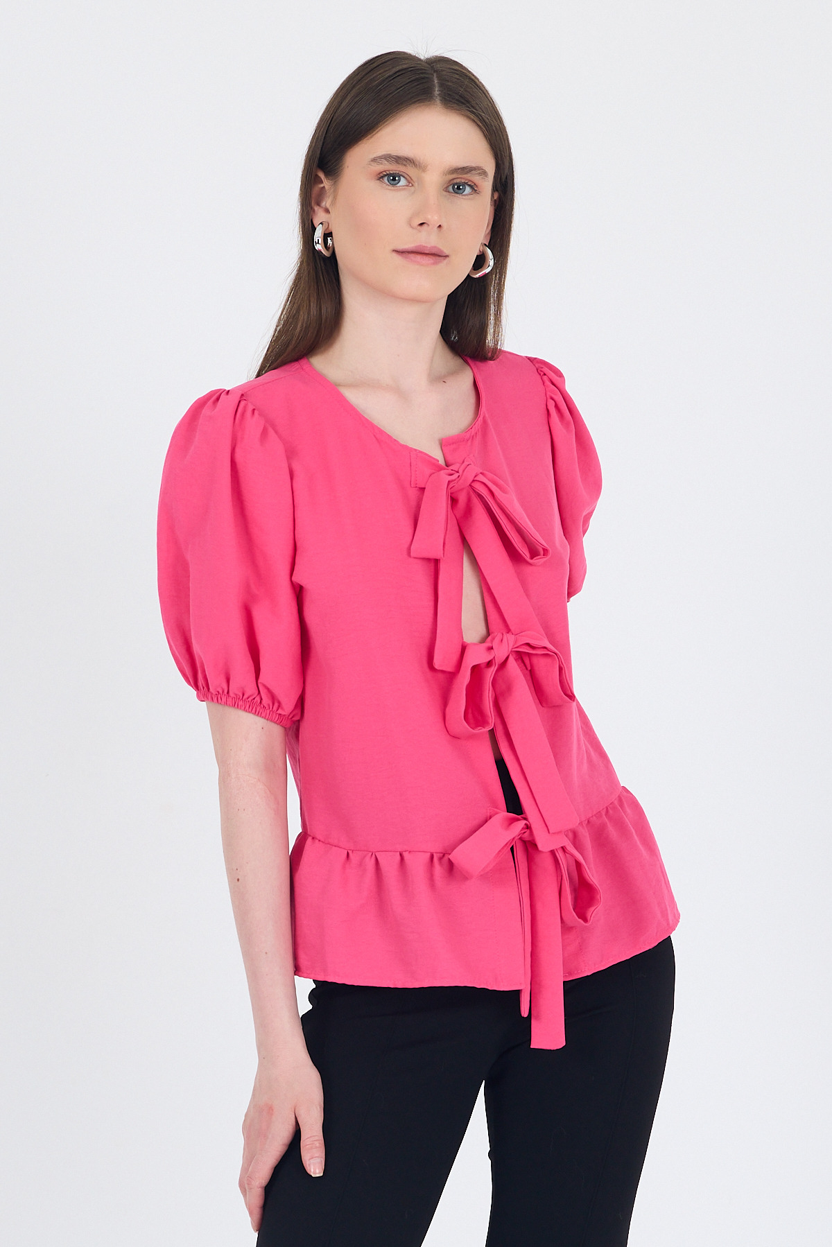 Fuşya Bağlama Detaylı Balon Kollu Bluz 4334A - 6