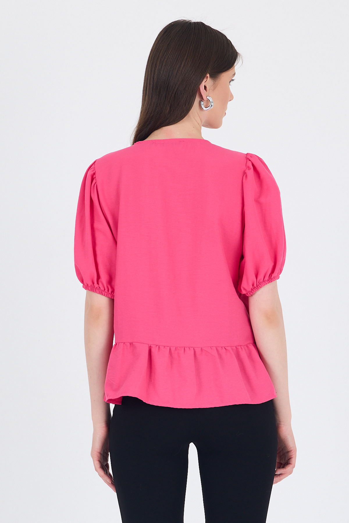 Fuşya Bağlama Detaylı Balon Kollu Bluz 4334A - 5