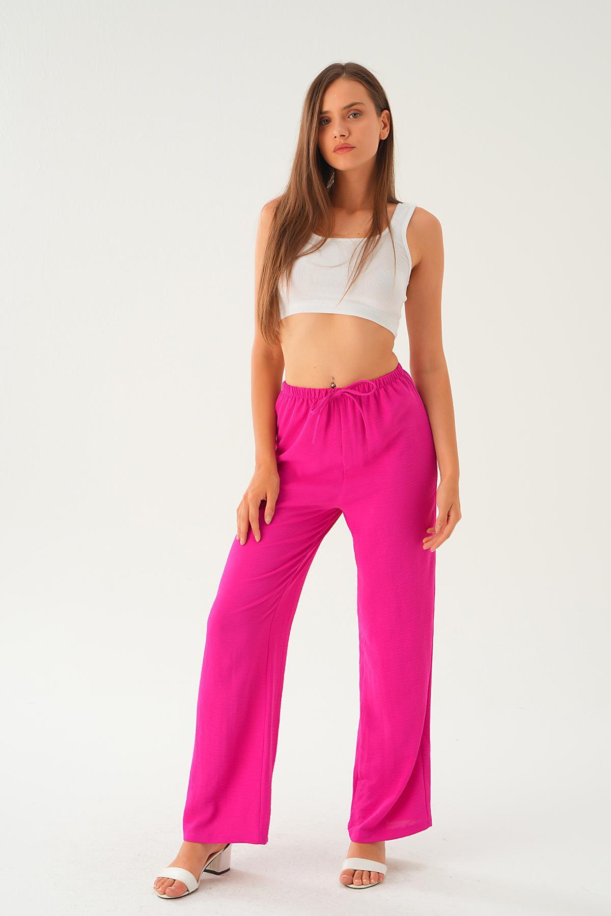 Fuşya Beli Lastikli Bol Paça Dokuma Pantolon 4284-1 - 1
