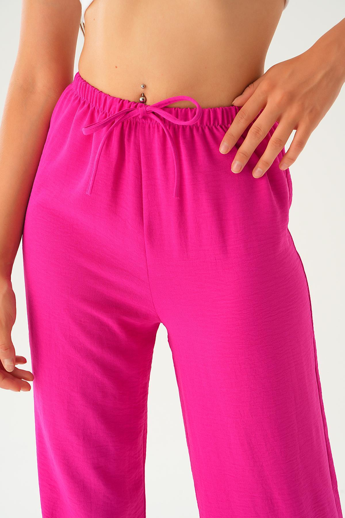 Fuşya Beli Lastikli Bol Paça Dokuma Pantolon 4284-1 - 6