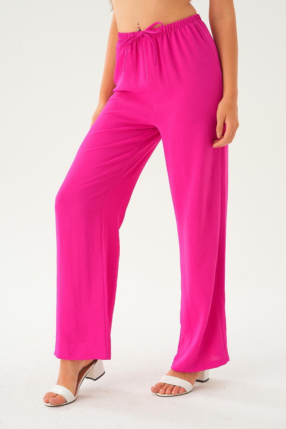 Fuşya Beli Lastikli Bol Paça Dokuma Pantolon 4284-1 - 4