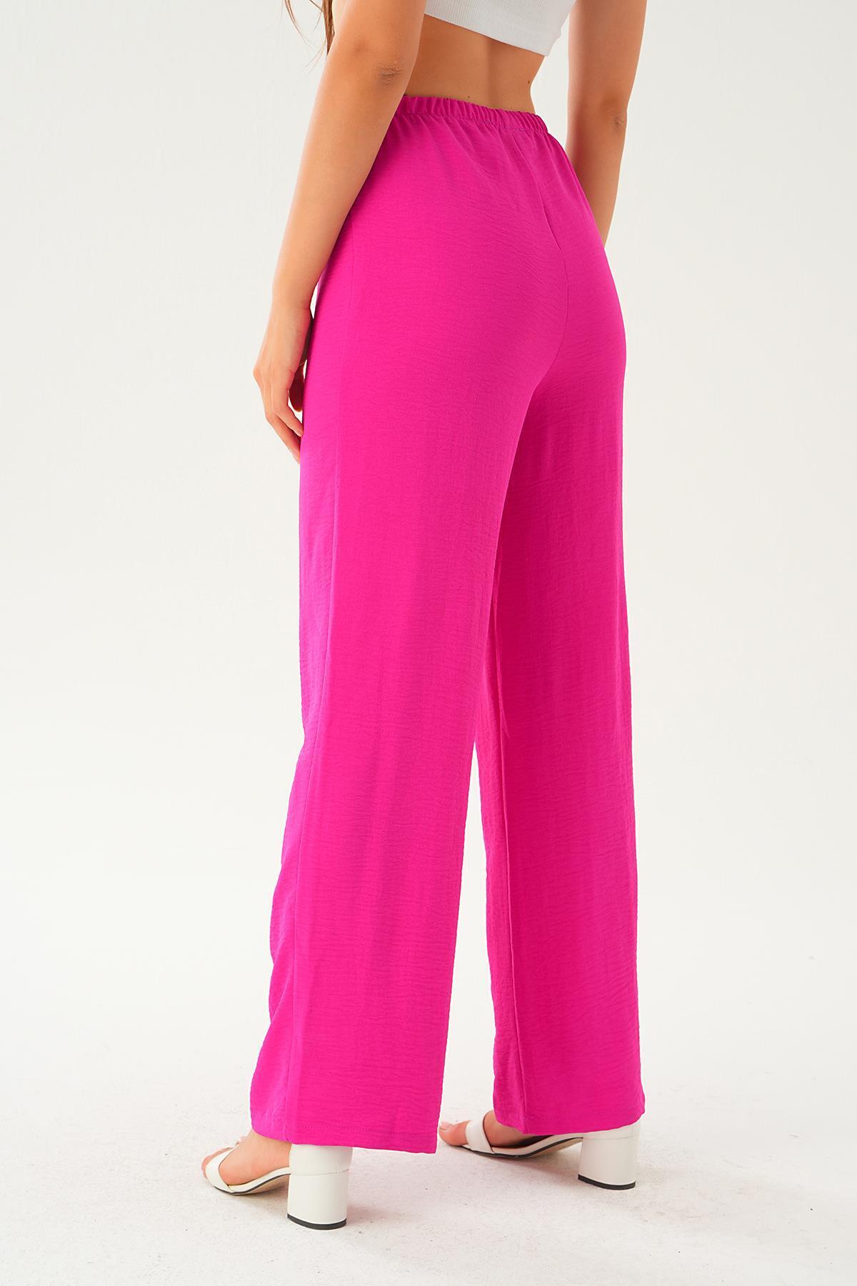 Fuşya Beli Lastikli Bol Paça Dokuma Pantolon 4284-1 - 5
