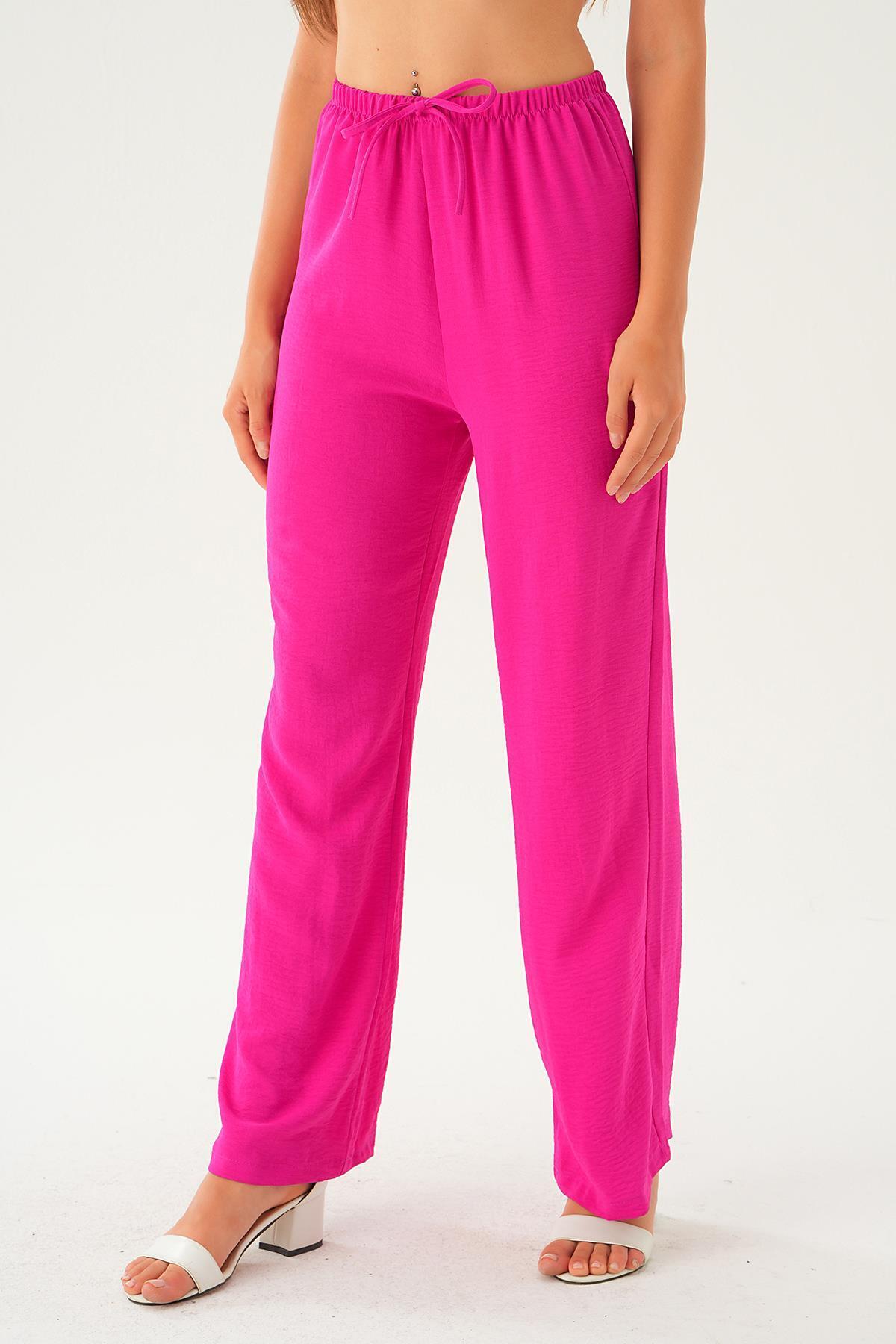 Fuşya Beli Lastikli Bol Paça Dokuma Pantolon 4284-1 - 3