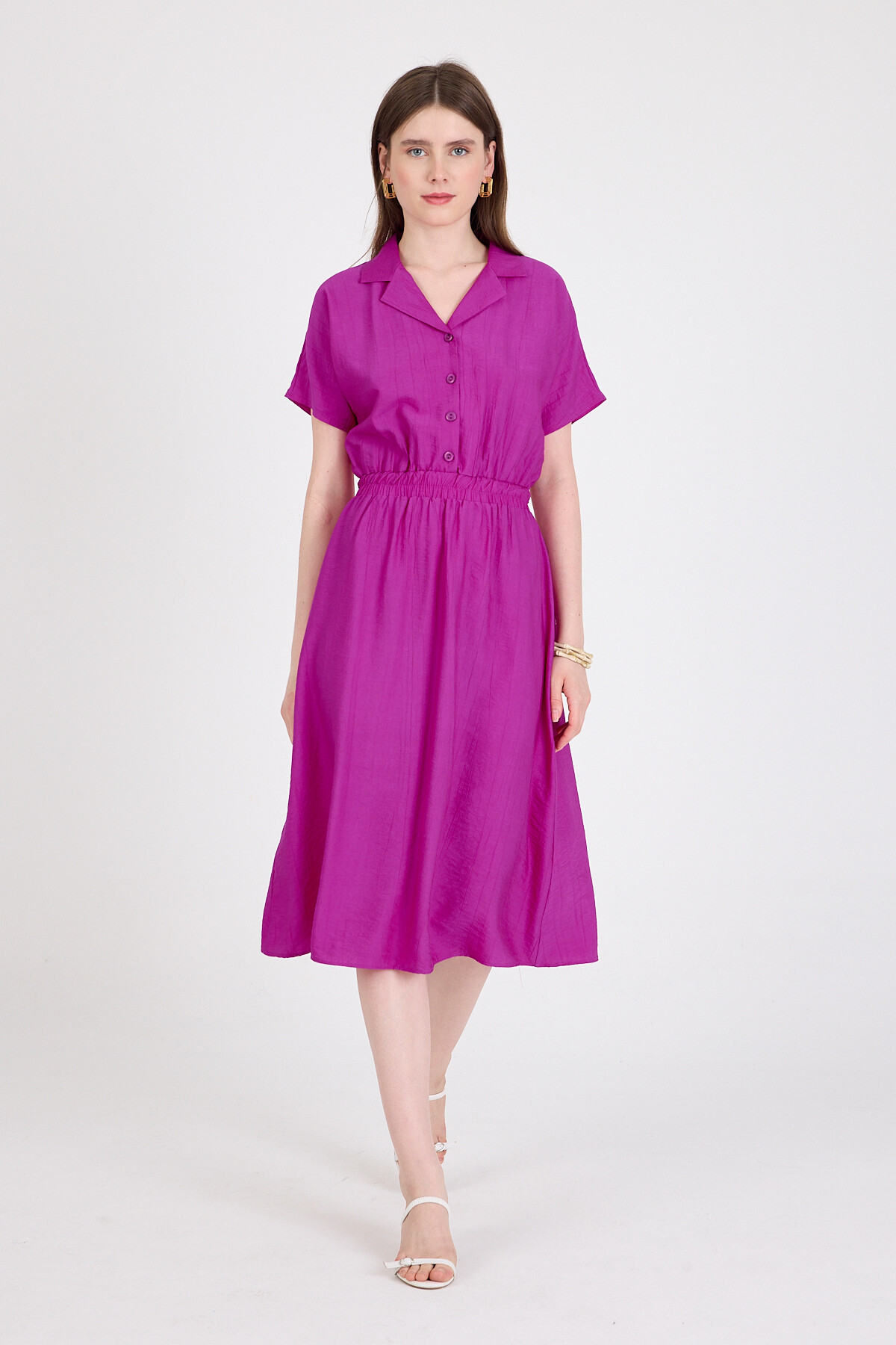 Fuşya Beli Lastikli Gömlek Yaka Kısa Kol Midi Elbise 4475A 